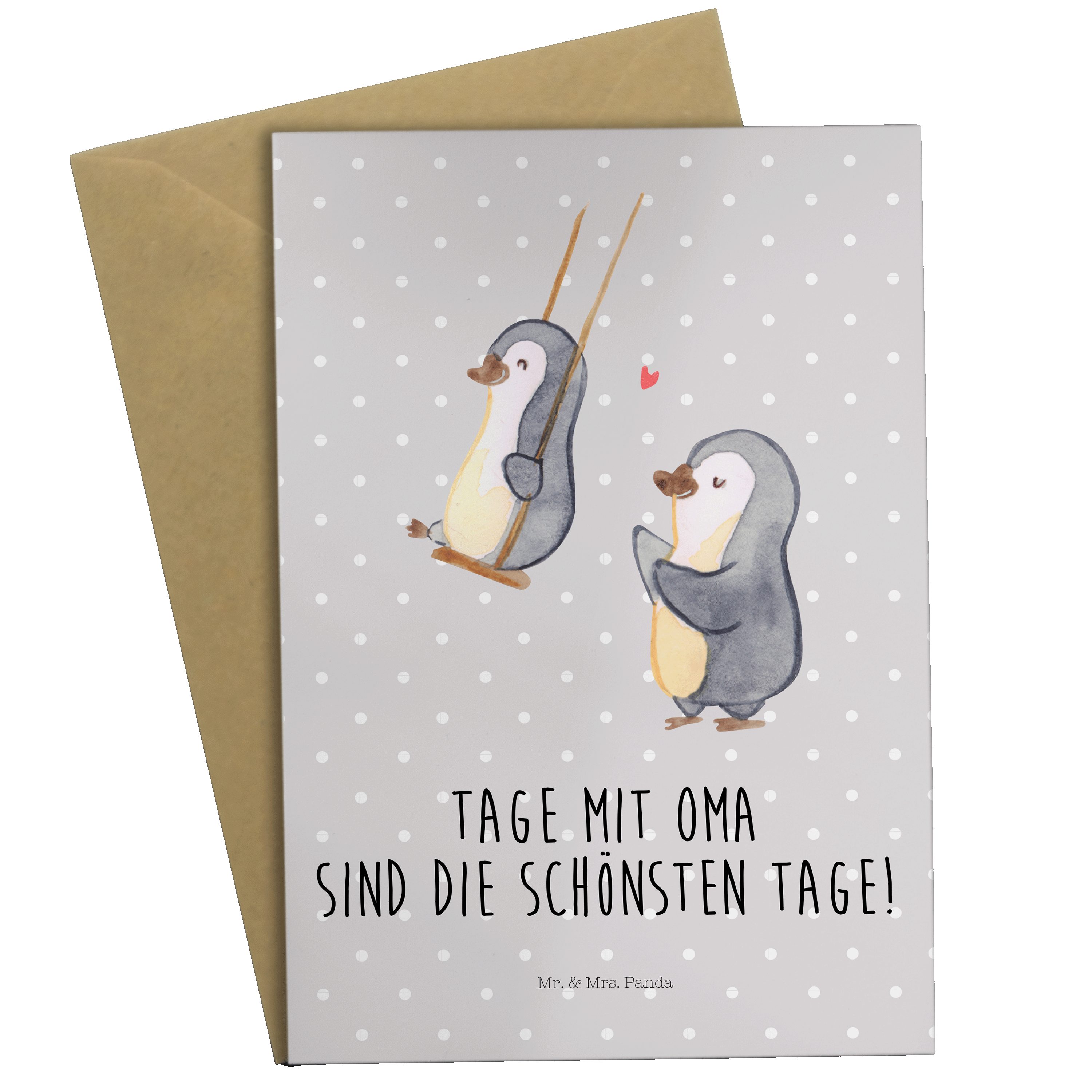 Mr. & Mrs. Panda Grußkarte Pinguin Oma schaukeln - Grau Pastell - Geschenk, Glückwunschkarte, Kl
