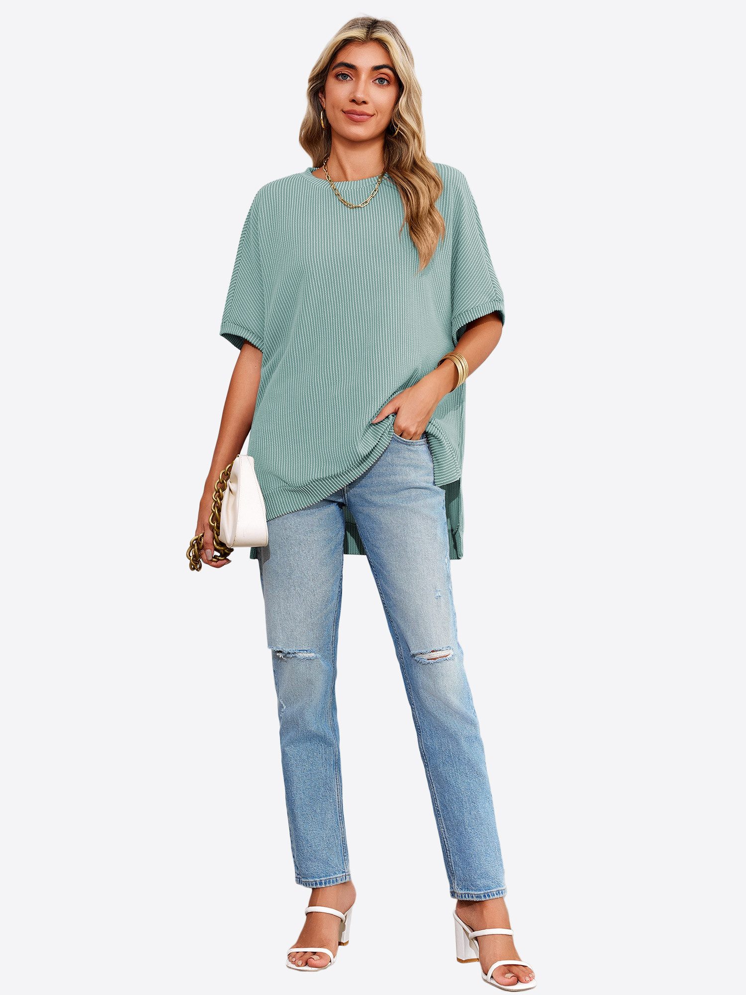 Imily Bela T-Shirt Damen Oversized Fledermausärmel Top Gerippt Loose (Packung, 1-tlg., 1per-Pack) Halbarm Stricken in Unifarbe