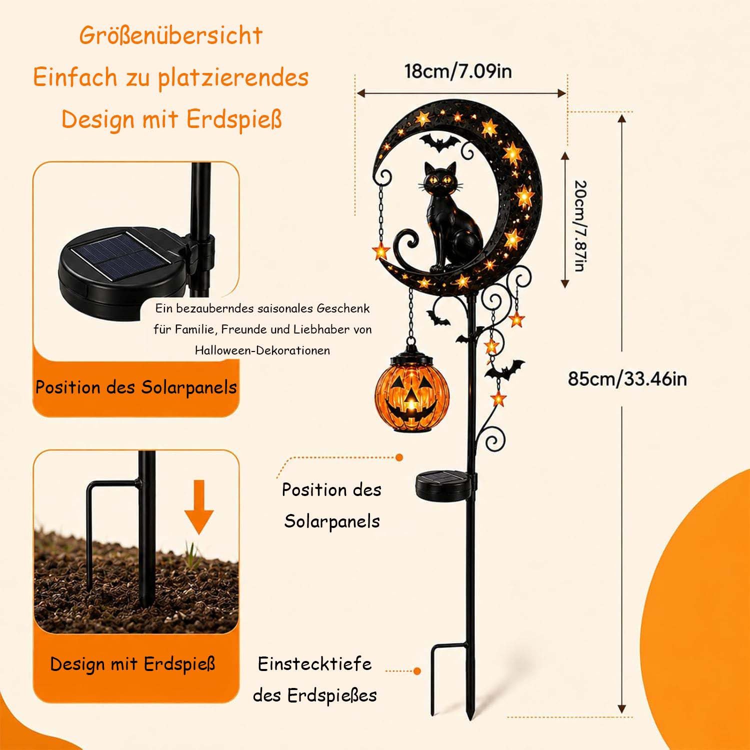 Bomiclss Gartenleuchte Solar Halloween-Schwarze Katze & Kürbis-Mond Gartensteckleuchte – Bild 2 von 5