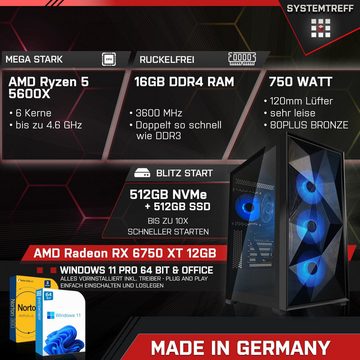 SYSTEMTREFF Gaming-PC (AMD Ryzen 5 5600X, Radeon RX 6750 XT, 16 GB RAM, 512 GB SSD, Luftkühlung, Windows 11, WLAN)