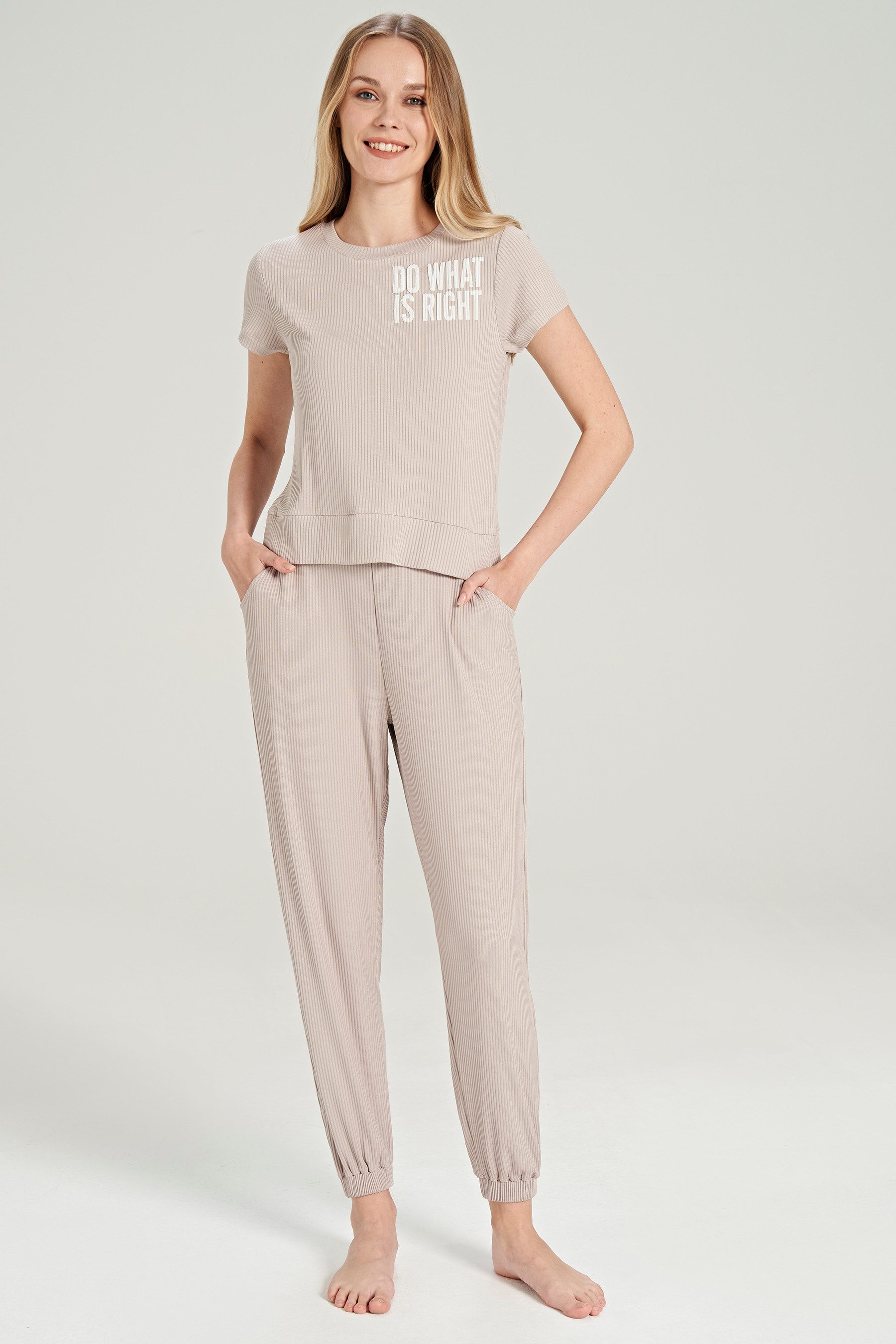 FEYZA Pyjama Damen Pyjama-Set im Rippenlook – Beige & Hellblau, Elastikbund