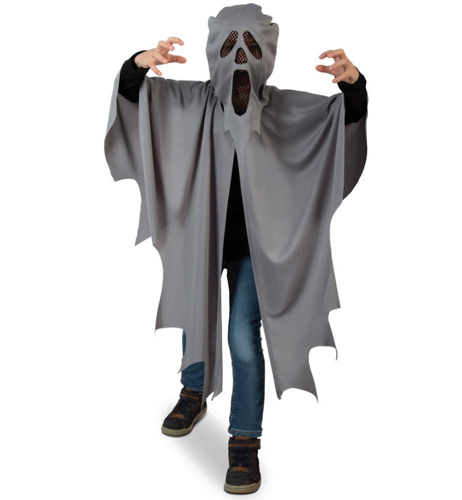 Kostüm Kinder Geist Kostüm mit Haube Grau Halloween Karneval Gr. 128 - 164