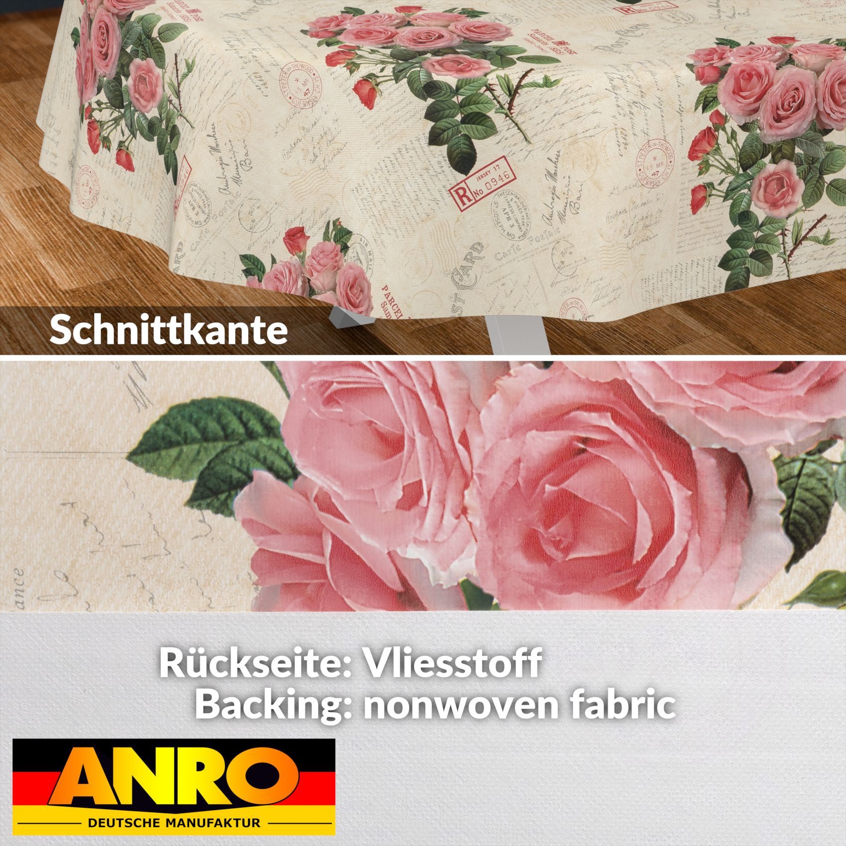ANRO Tischdecke Wachstuch abwaschbar Postkarte Rosen Tischwäsche (Einzelstück 1-tlg), wasserabweisend pflegeleicht Shabby Chic Beige Oval 180x140cm