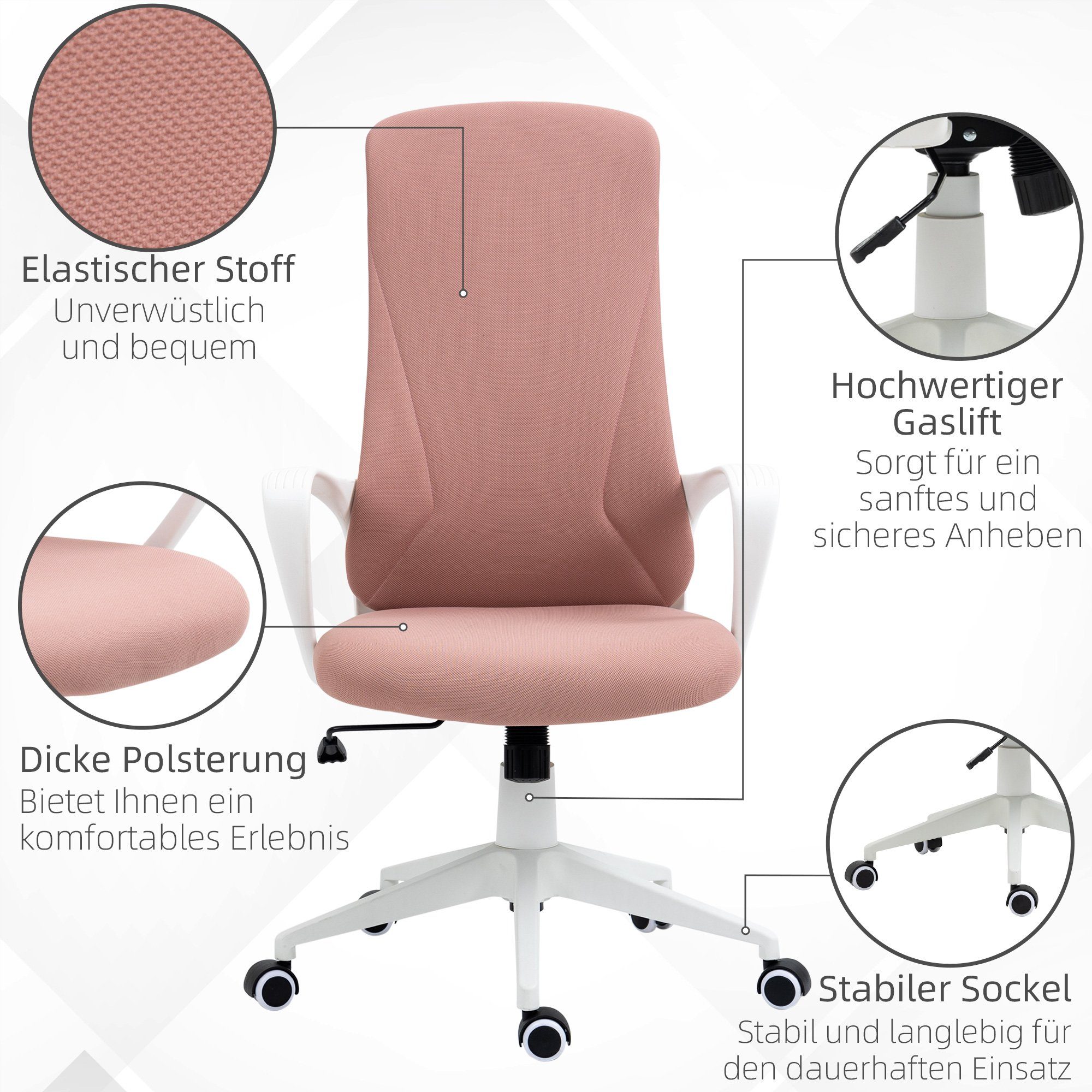 Stuhl Bürostuhl (Computerstuhl, 56 PC 1 Stretchstoff, Schreibtischstuhl 62 110-119,5 St), x cm Drehbarer x Wippfunktion, mit Rosa, Vinsetto
