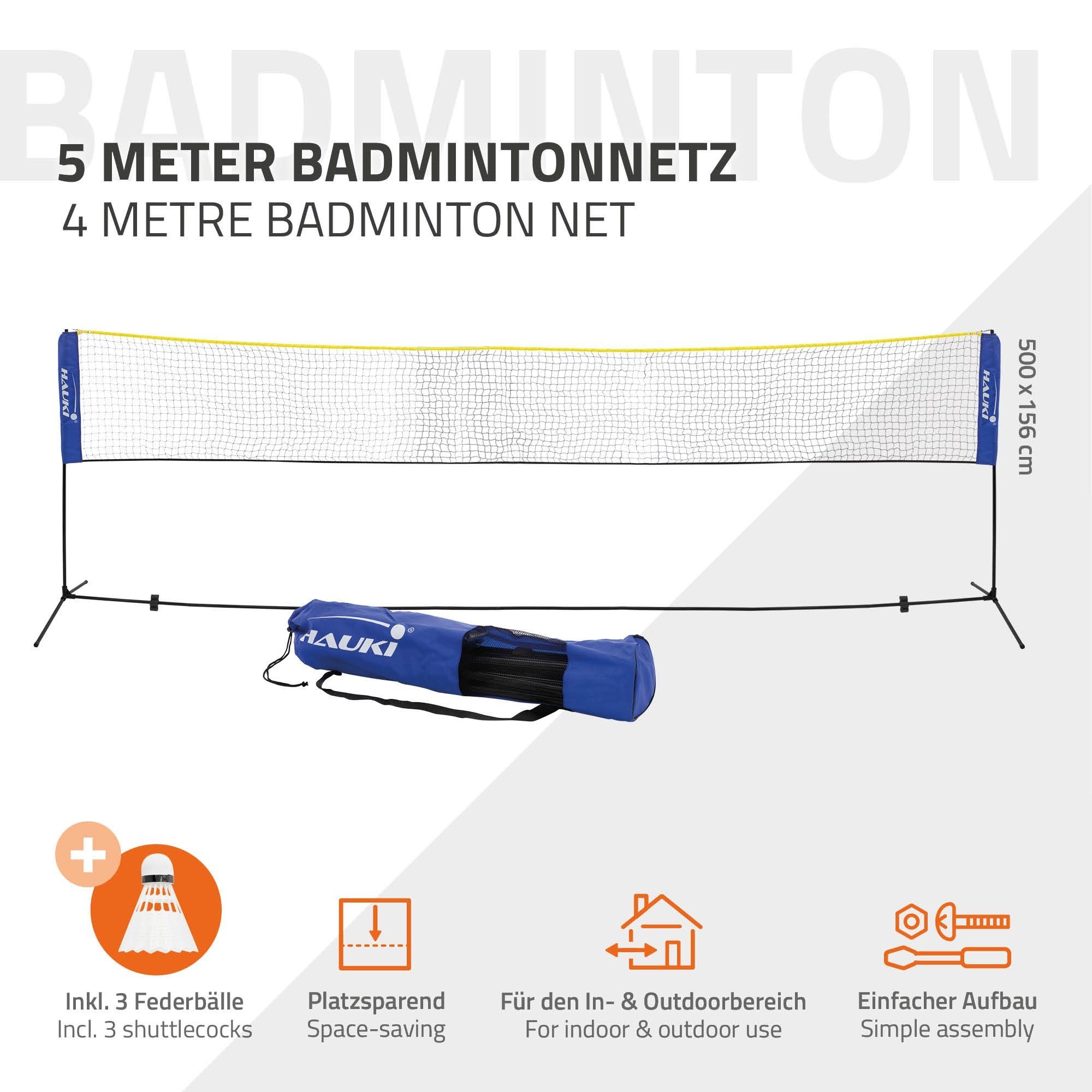 (Komplett-Set, 3x Set Indoor Transporttasche Tragetasche, Outdoor Tragbares Federball 5-St., Volleyballnetz Blau & Hauki 500x156cm Netz, Trainingsnetz Badmintonnetz Eisen-Gestell Federbälle), Tennisnetz inkl.