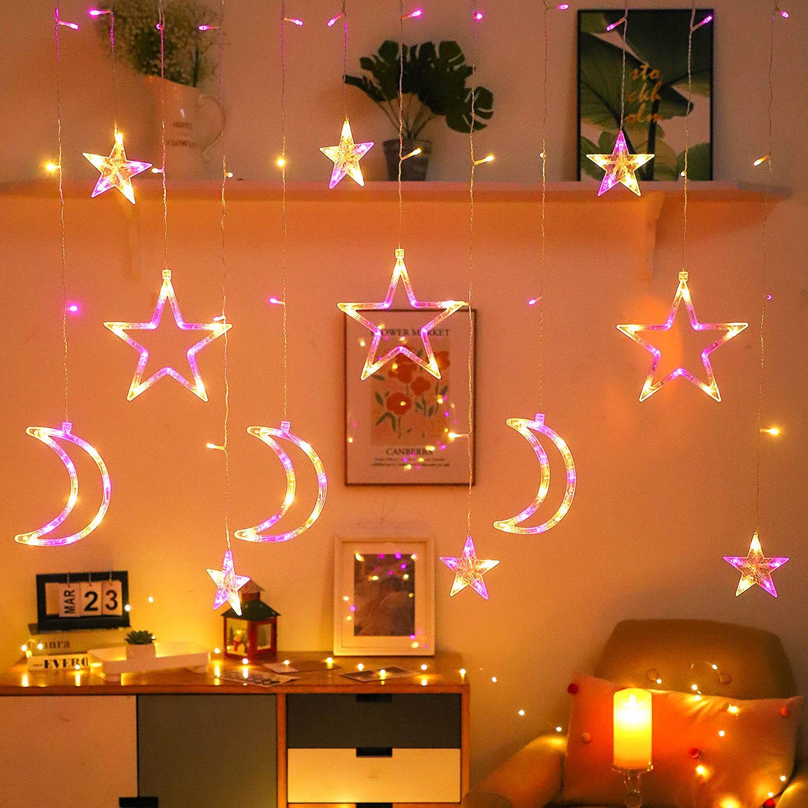 120LEDs, Weihnachten, LED-Lichtervorhang für Ramadan Warmweiß Schlafzimmer Rosa batterie Deko; mit Camping 3M Mond, Party Zelt Rosnek wasserdicht, Stern