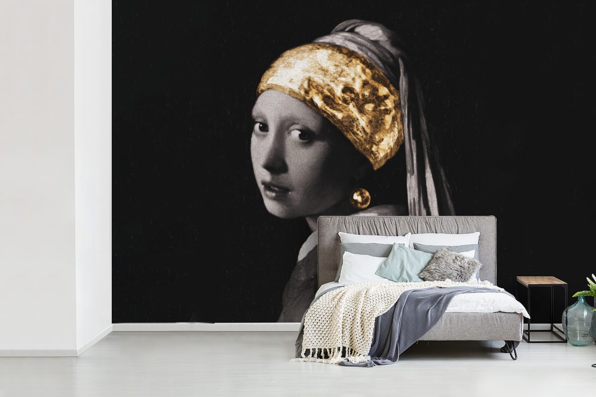 Vinyl mit für (6 Wohnzimmer, St), Vermeer Fototapete - Perlenohrring Gold Schlafzimmer, bedruckt, Mädchen - MuchoWow Weiß, - Matt, Wallpaper Tapete Schwarz - Kinderzimmer,