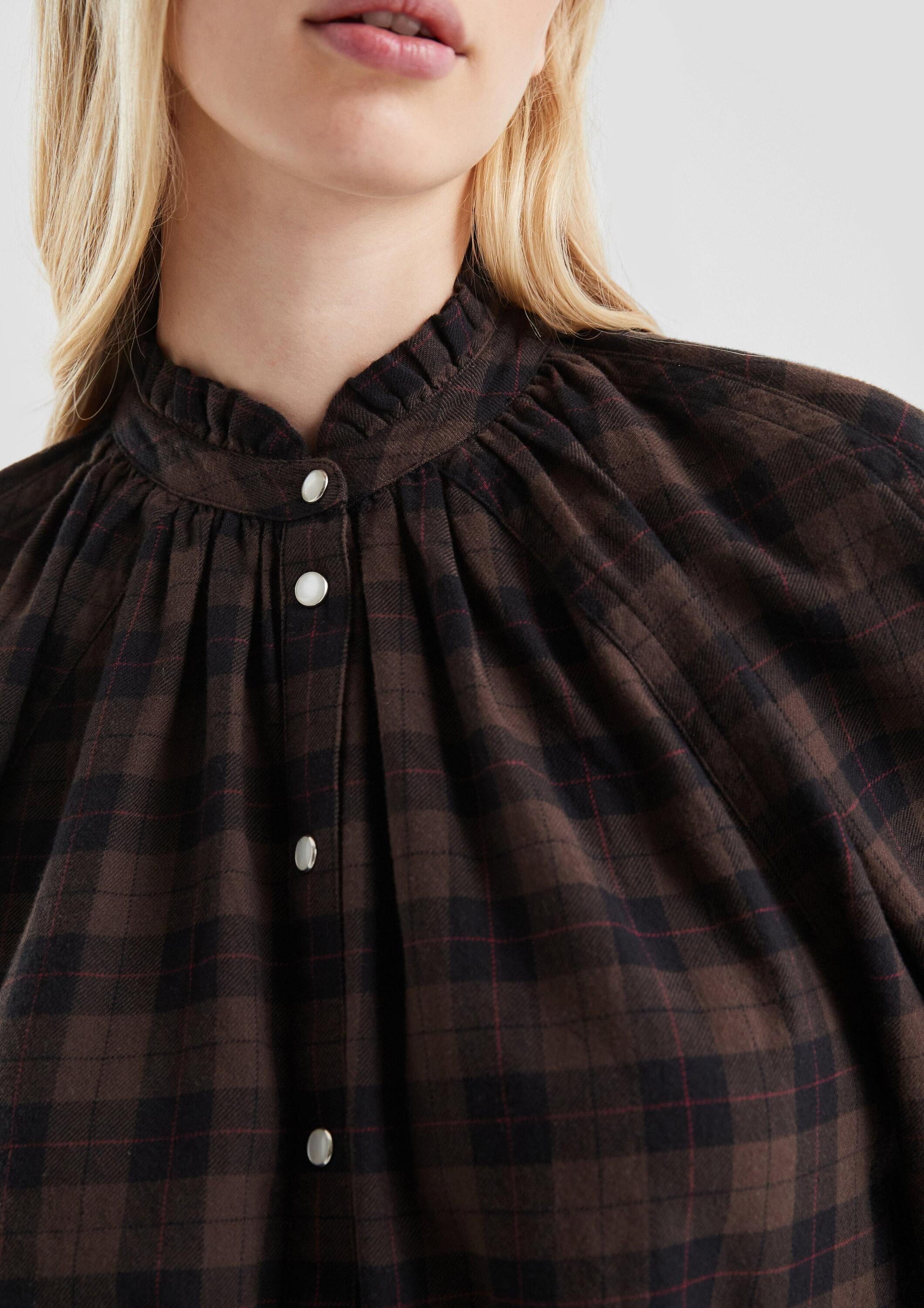 QS Langarmbluse Bluse Karobluse mit Raglanärmel und Rüsche am Stehkragen