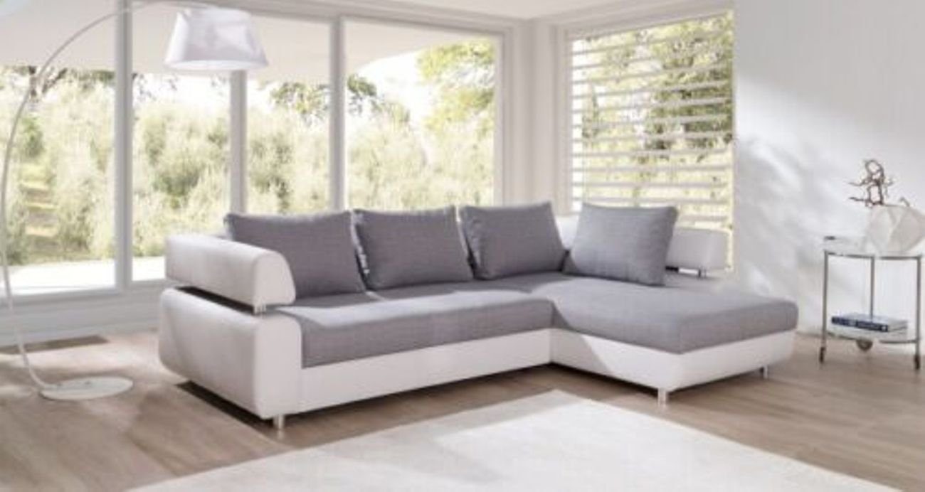 JVmoebel Ecksofa Ecksofa Wohnlandschaft + Bettfunktion Sofa Ecksofa Couch Ecke Polster, Made in Europe Grau/Weiß