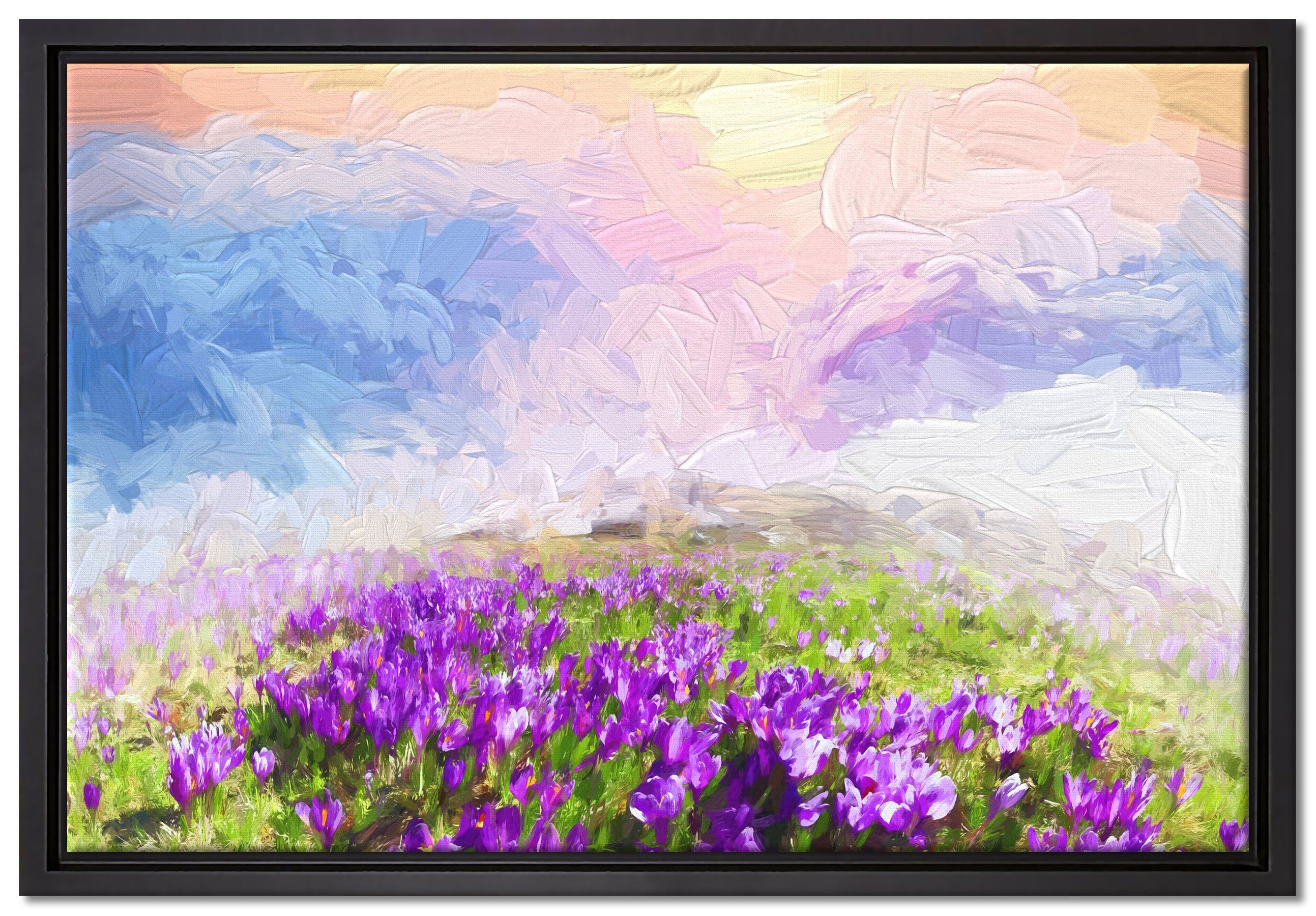Pixxprint Leinwandbild Krokusse Berge, Wanddekoration (1 St), Leinwandbild fertig bespannt, in einem Schattenfugen-Bilderrahmen gefasst, inkl. Zackenaufhänger