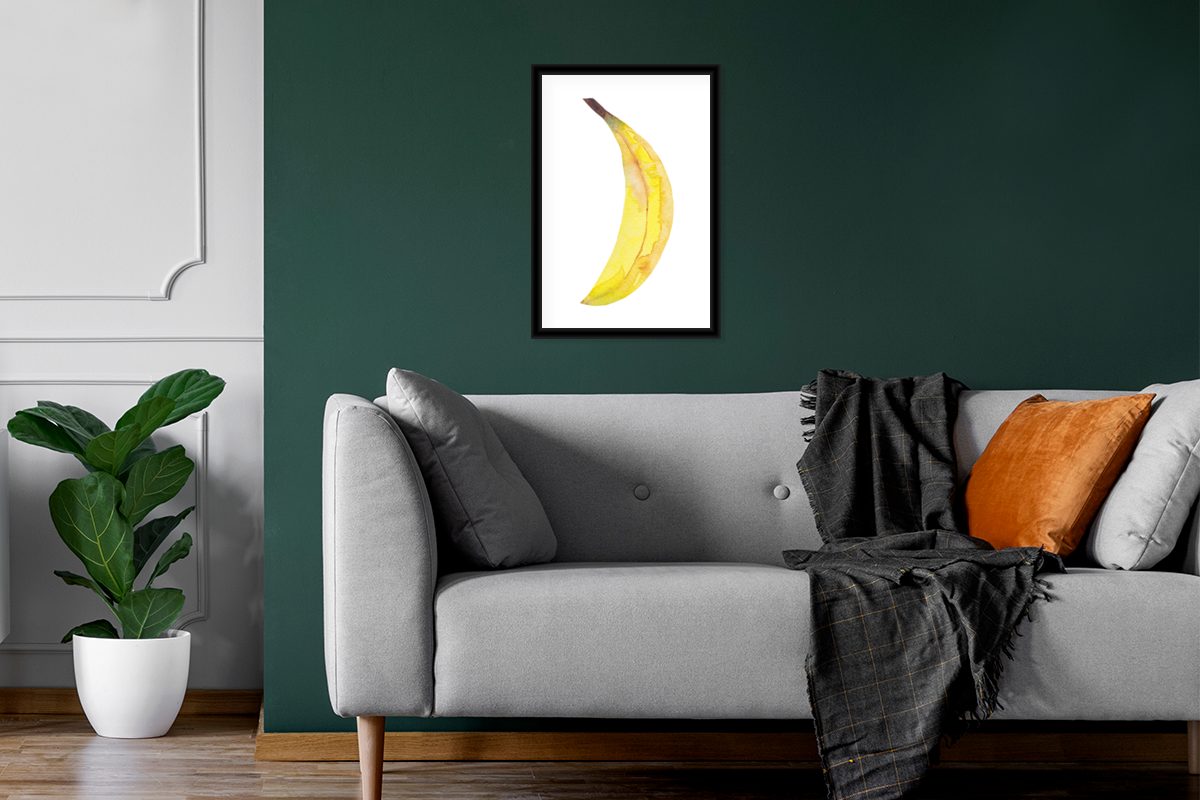 Poster, (1 Wandposter, Obst Bilder, Aquarell, Poster Banane Schwarzem - Gerahmtes MuchoWow Bilderrahmen Wanddeko, St), -