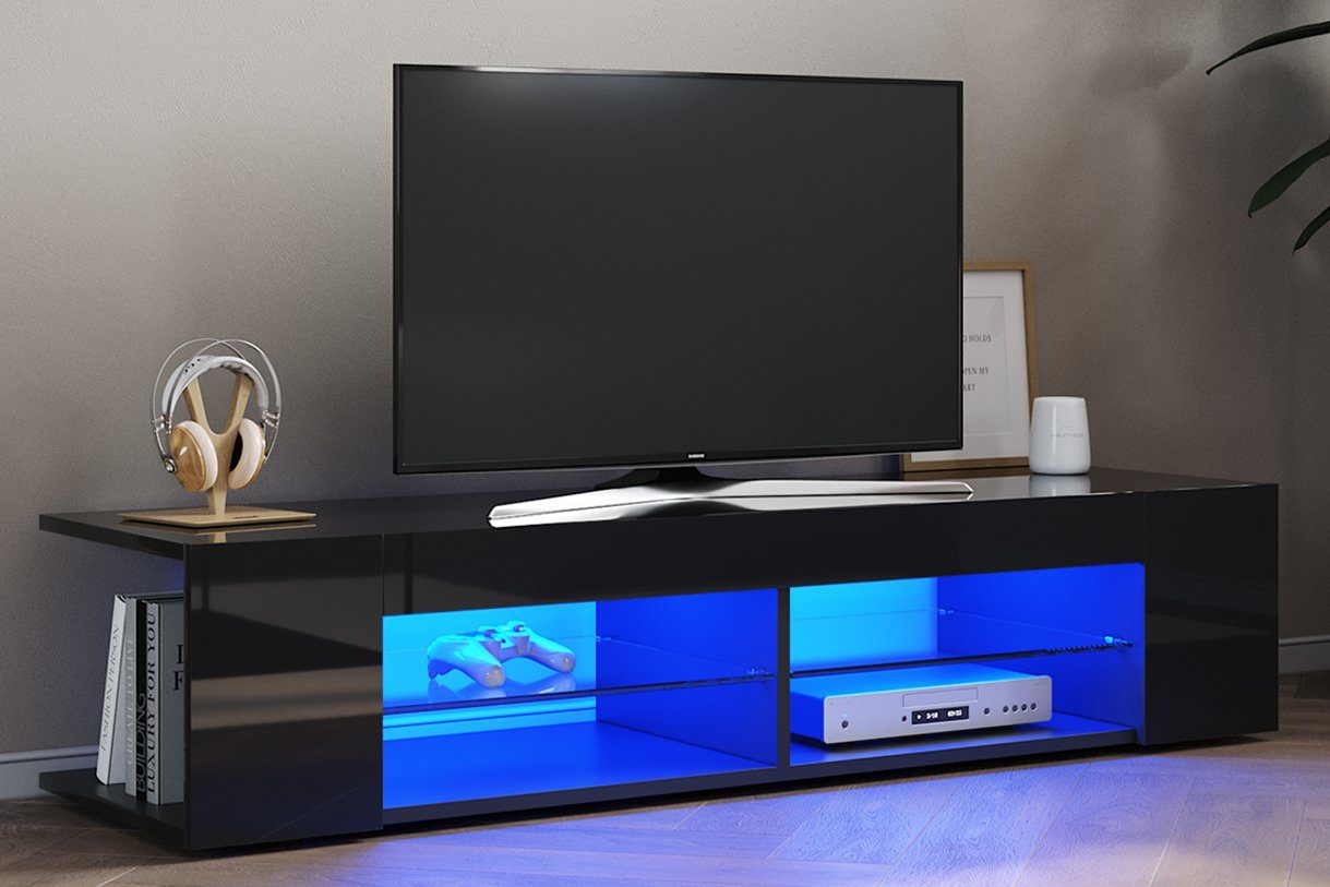 SONNI TV-Schrank TV Lowboard mit LED Beleuchtung Schwarz Hochglanz  135x39x30cm Glasböden, Unterschrank