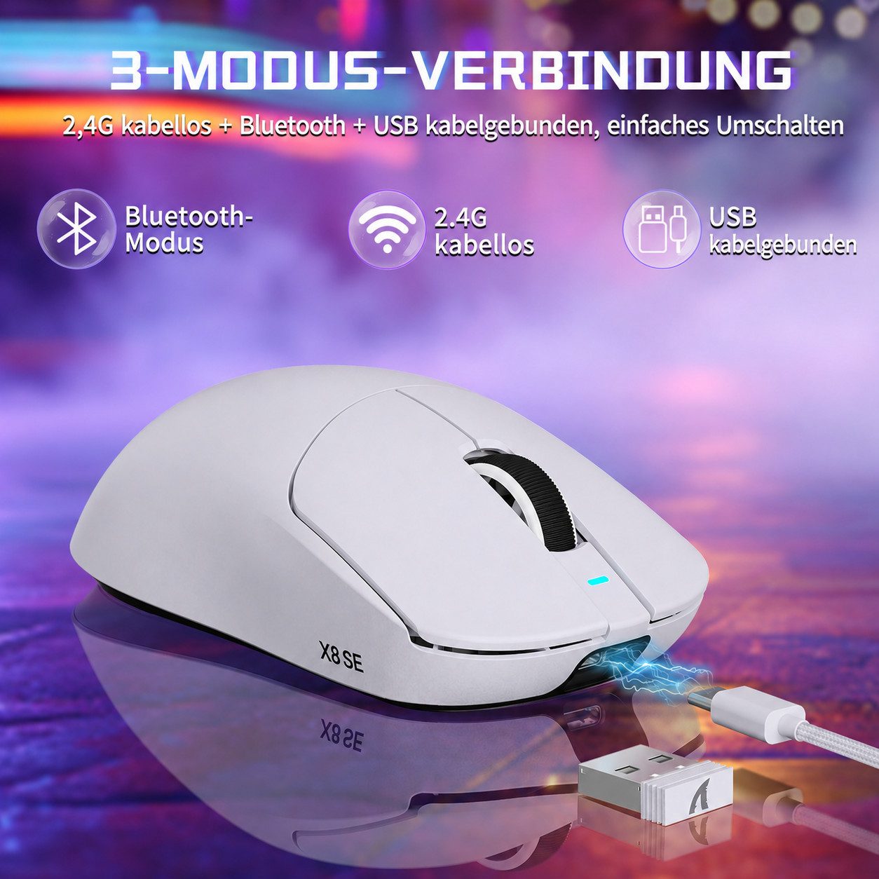 ATTACK SHARK X8SE Kabellose Maus,55 g ultraleicht,ür große Hände,80 Mio. Klicks Gaming-Maus (2.4Ghz, Bluetooth, USB-C, 25.000 DPI.Ultra-Light)