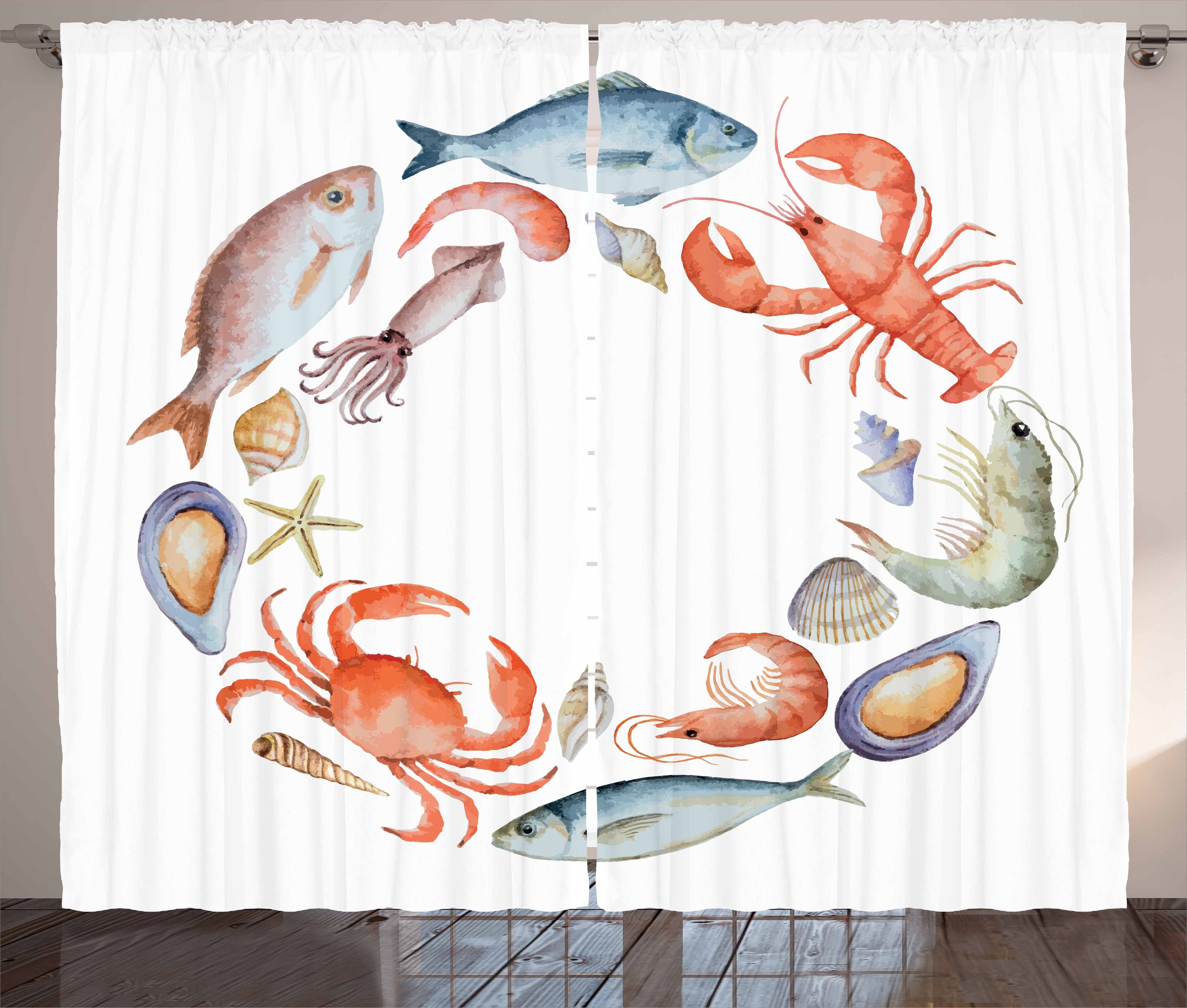 Gardine Schlafzimmer Kräuselband Vorhang mit Schlaufen und Haken, Abakuhaus, Hummer Aquarelle Schmackhafte Meeresfrüchte