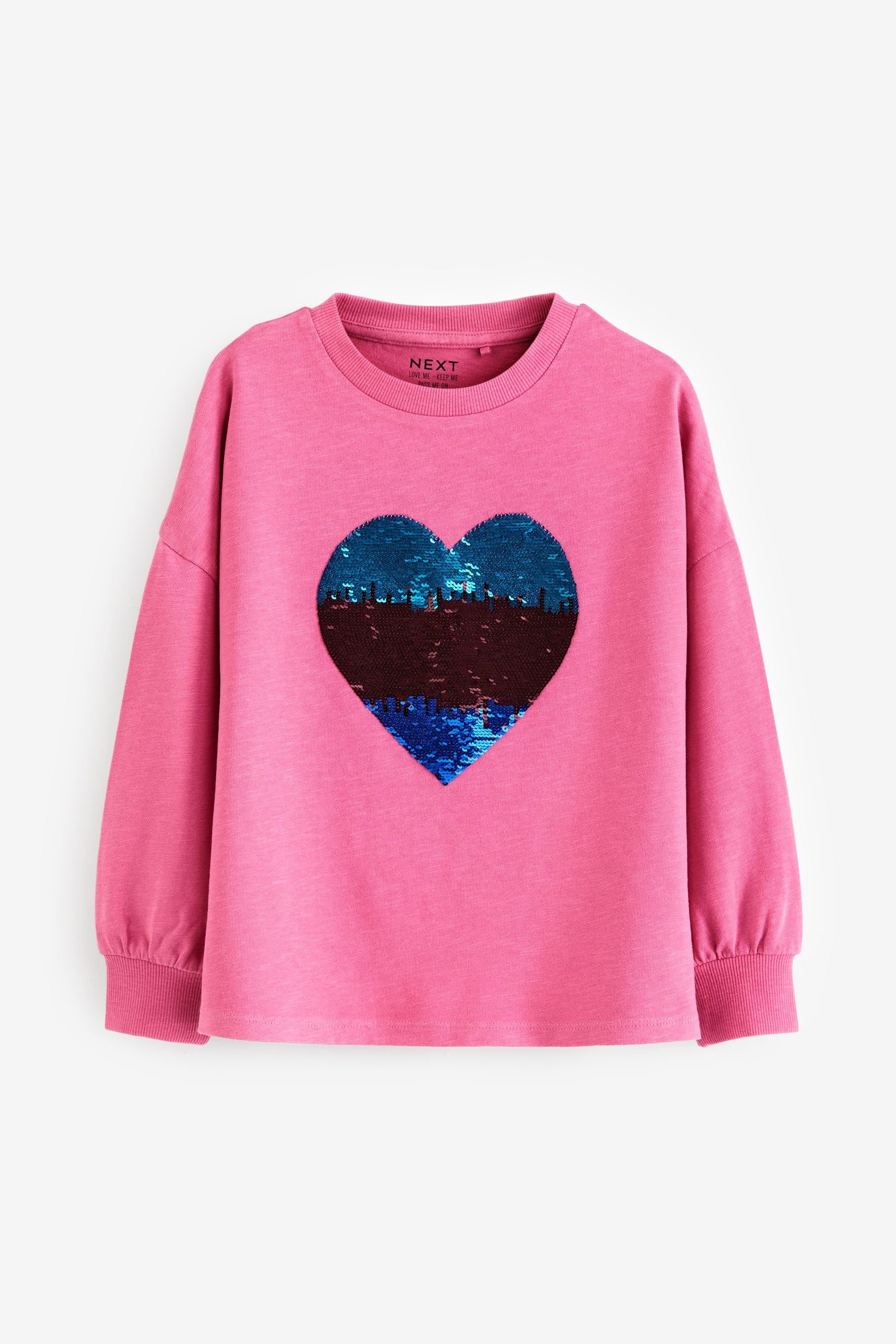 Next Langarmshirt Langärmeliges T-Shirt mit Herzmotiv aus Pailletten (1-tlg) Pink/Blue