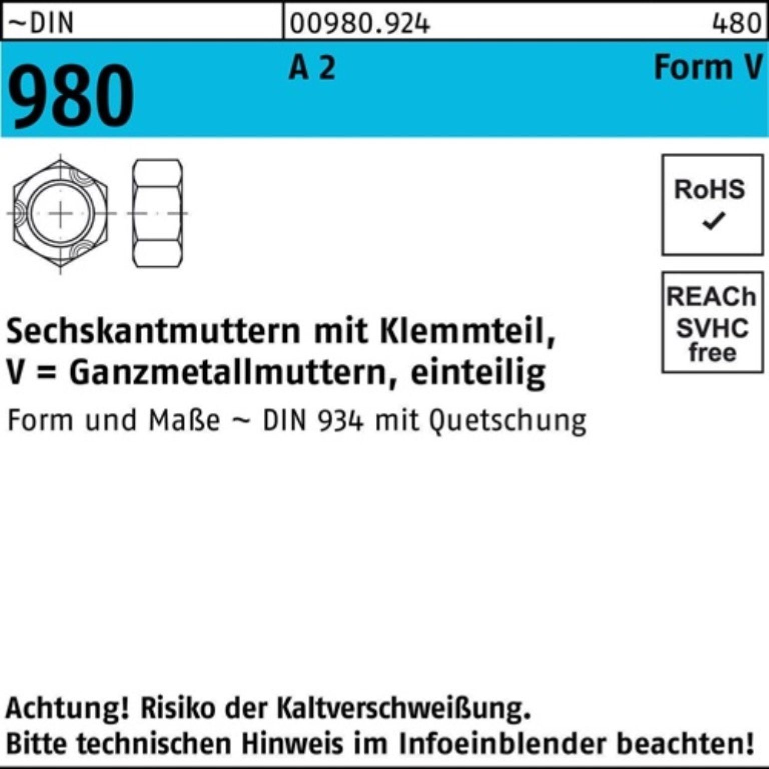 12 Pack Stück Muttern 250 A VM 980 250er Sechskantmutter ~DIN DIN 2 Reyher Klemmteil