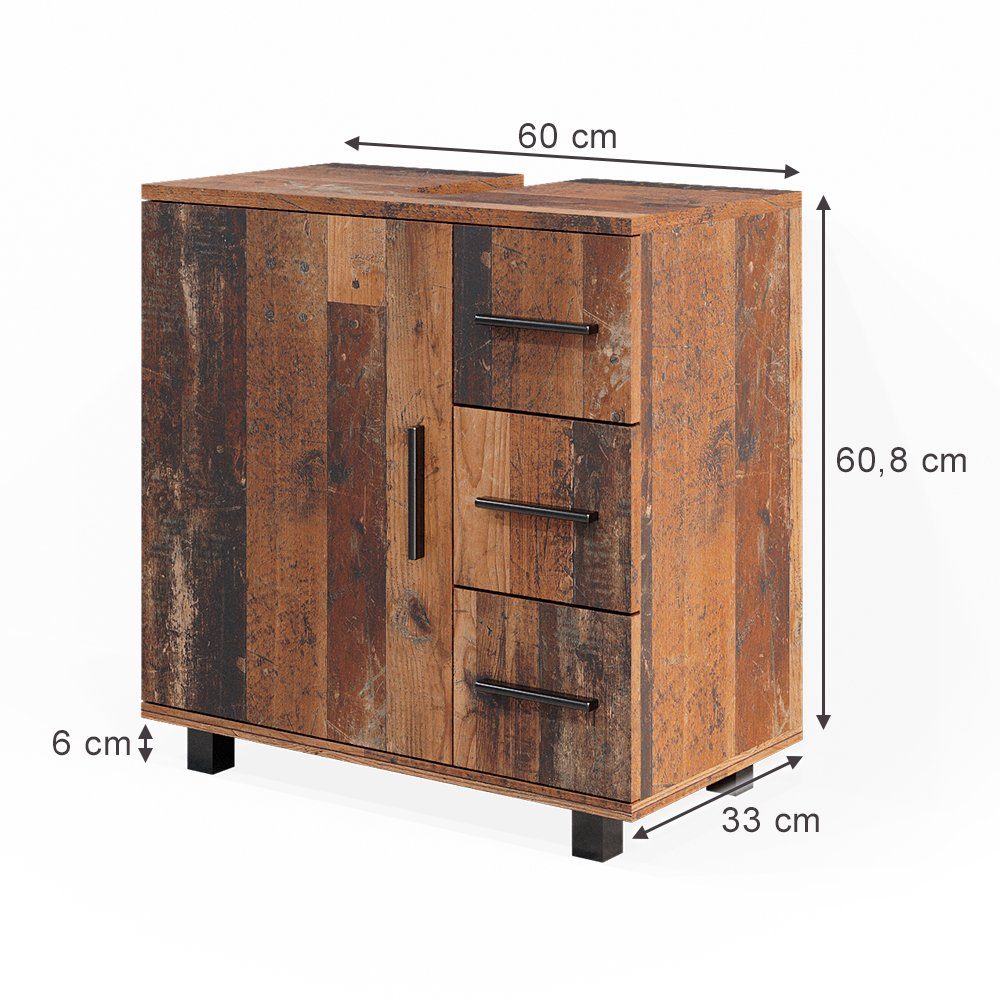 Vicco Waschbeckenunterschrank Ilias, Eiche rustikal, 60 x 61 cm mit Tür und 3 Schubladen (1-St)