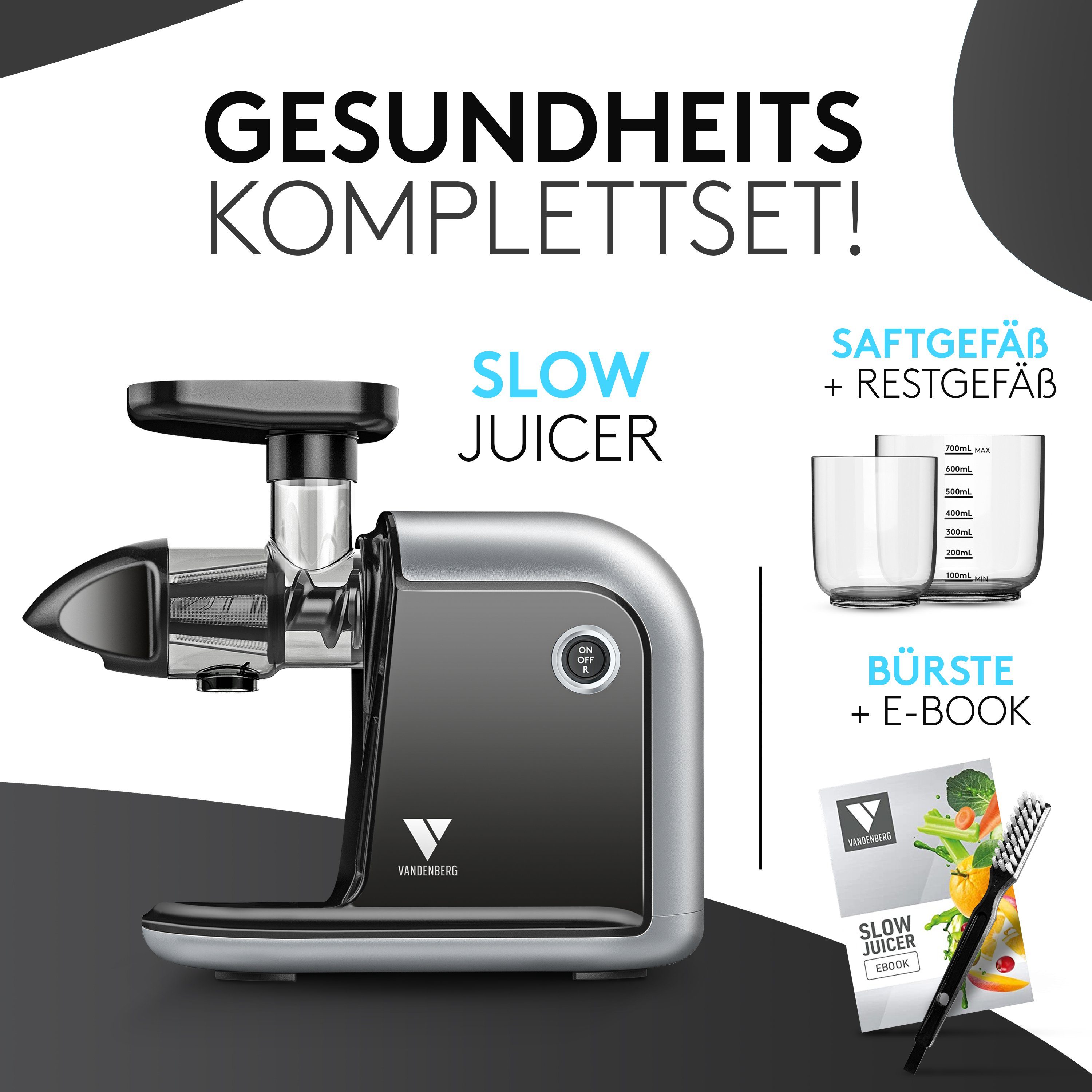 Vandenberg Slow Juicer - Entsafter für Obst & Gemüse, 150,00 W, Obstentsafter mit Umkehr Funktion Inkl. Reinigungsbürste - BPA Frei
