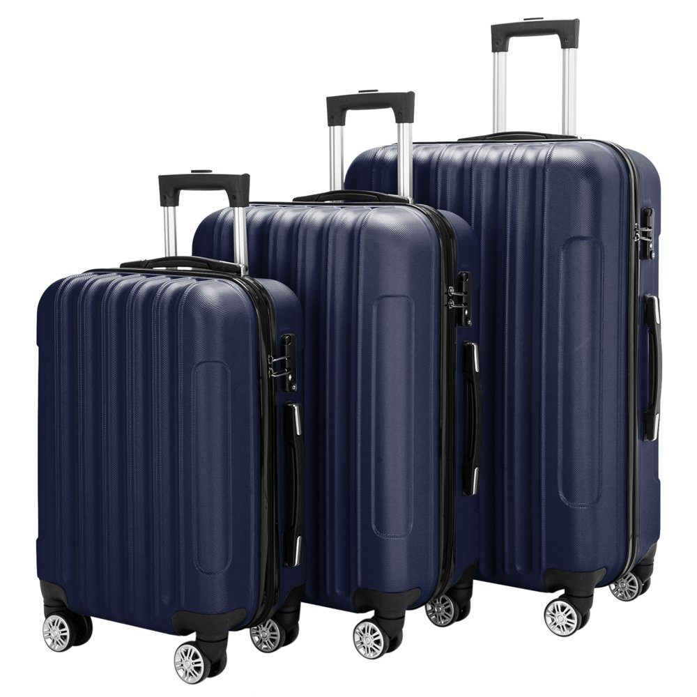 VINGLI Trolleyset 3 in 1 tragbarer ABS Trolley Koffer, Reisekoffer, Marineblau, 4 Rollen, mit viel Stauraum