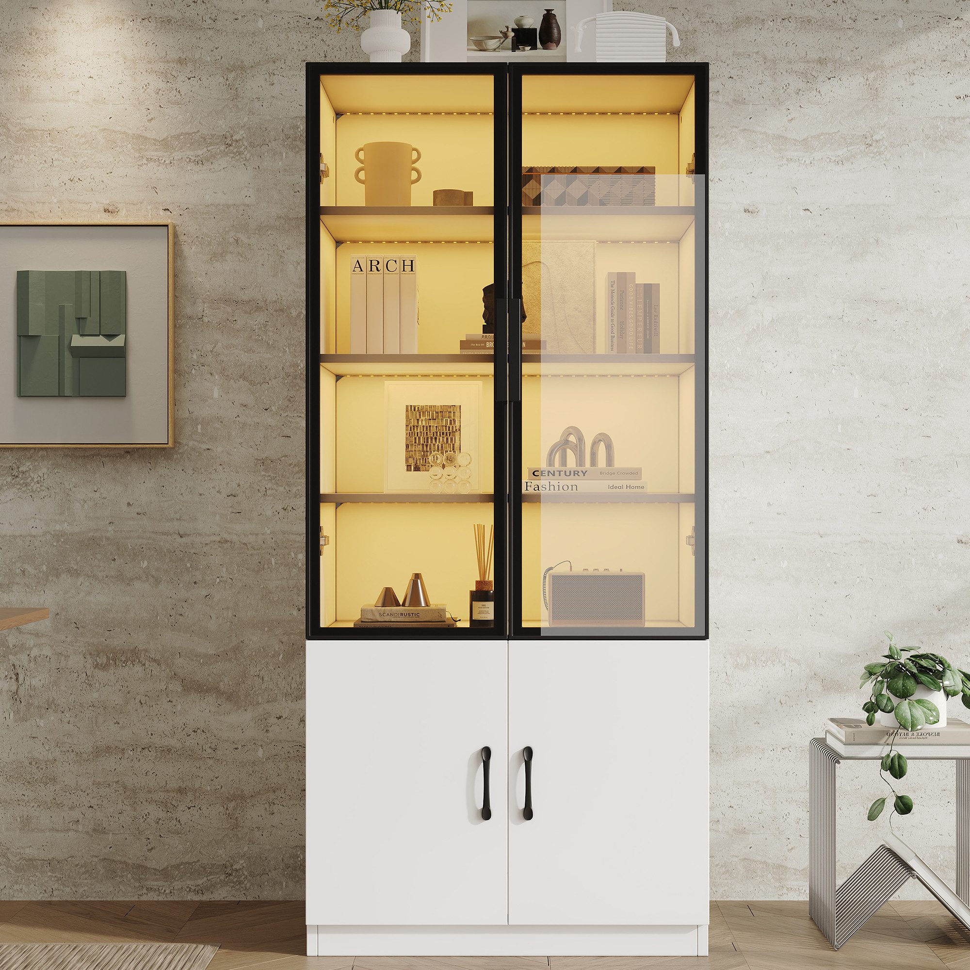 Flieks Glasvitrine multifunktionaler Hochschrank mit LED-Beleuchtung, 2 Glastüren (1-St., 60x40x160 cm) Vitrinenschrank Bücherregal Wohnzimmer Sideboard Weiß