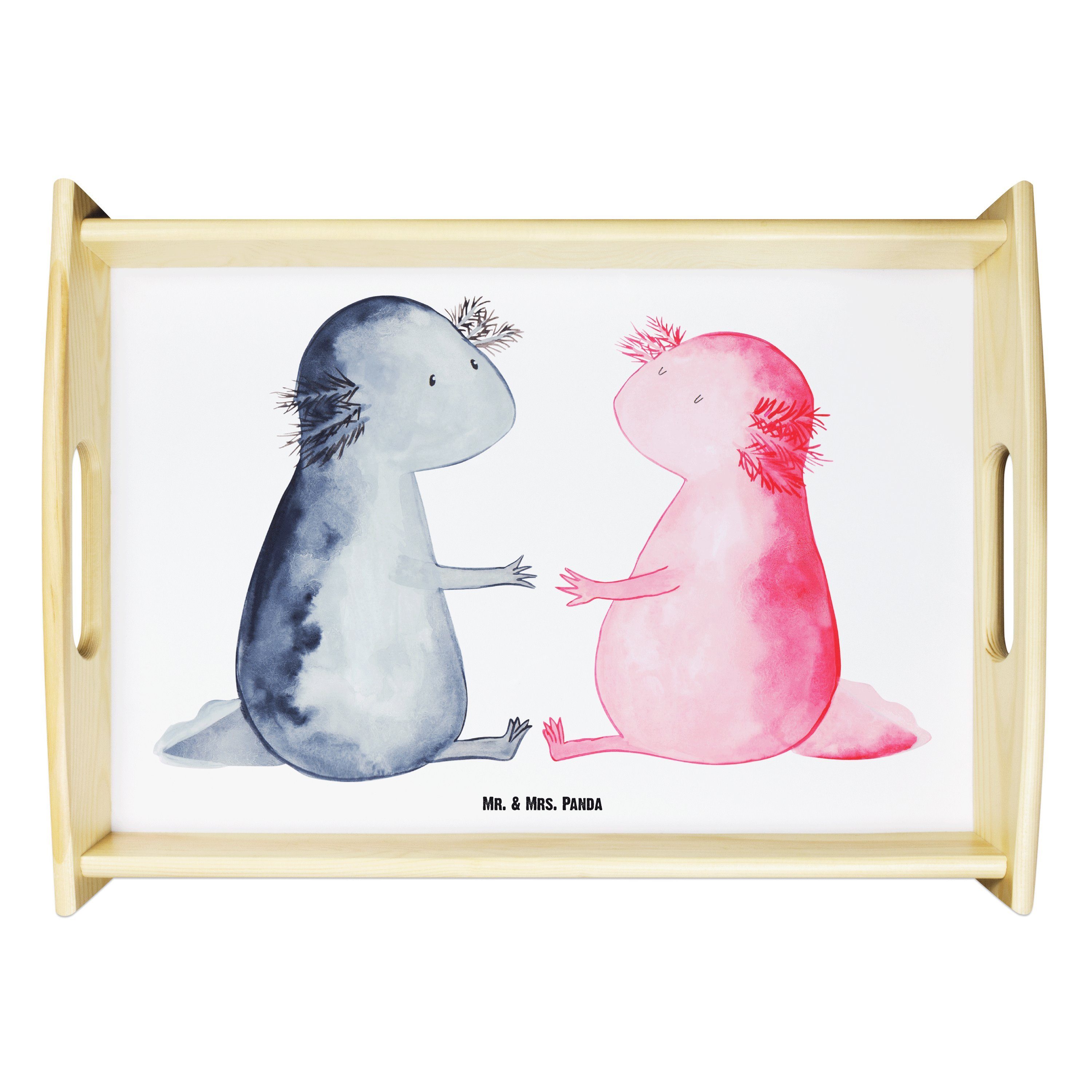 Mr. & Mrs. Panda Tablett Axolotl Liebe - Weiß - Geschenk, Molch, Tablett, Dekotablett, Küchent, Echtholz lasiert, (1-tlg)