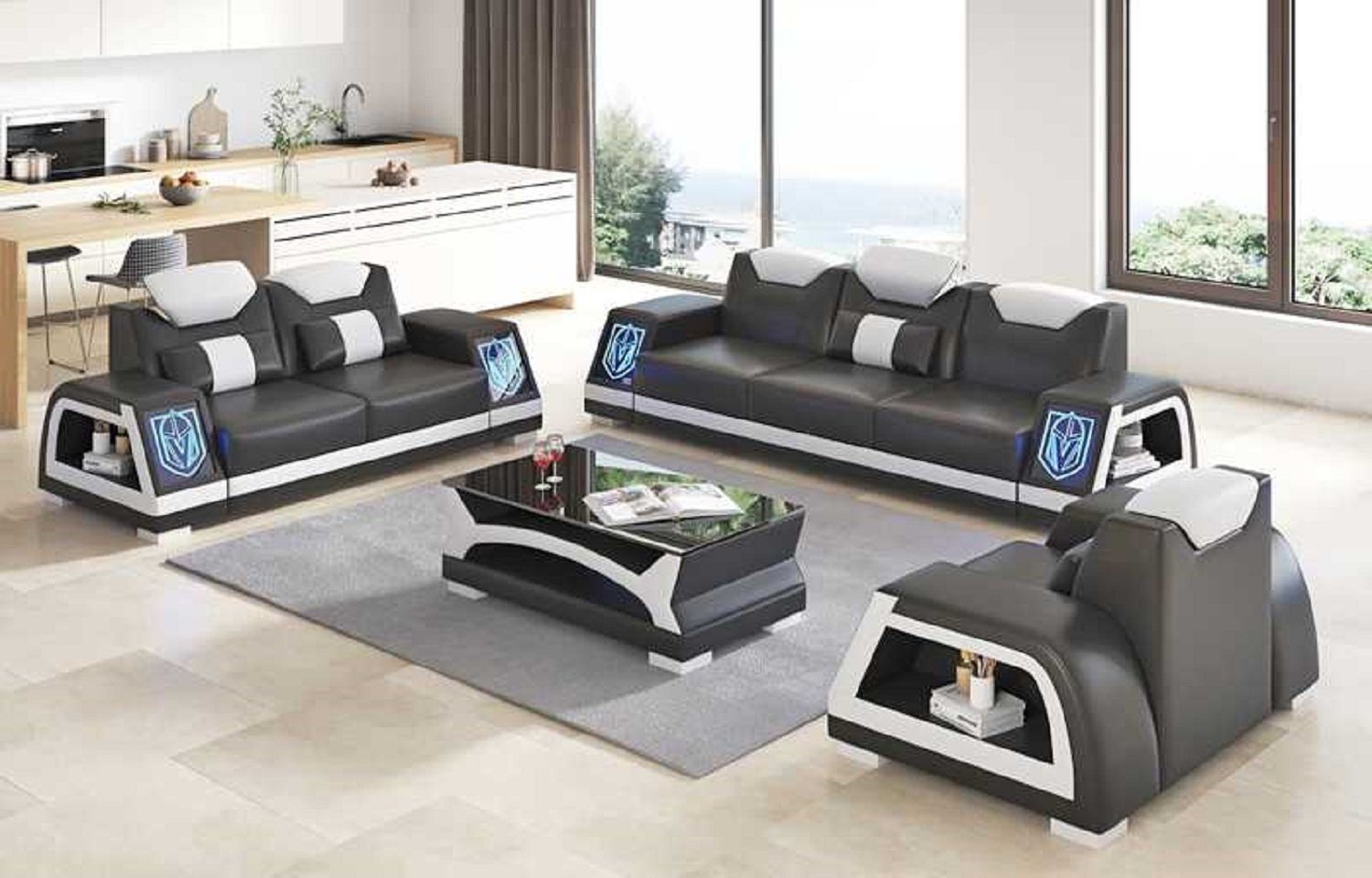 Couchgarnitur + Europe (3-St., 2+3 Schwarz Sessel), Sitzer Sofagarnitur Sofas Komplette 3tlg JVmoebel Braun, Wohnzimmer-Set in Made Sofa Sofa Nur