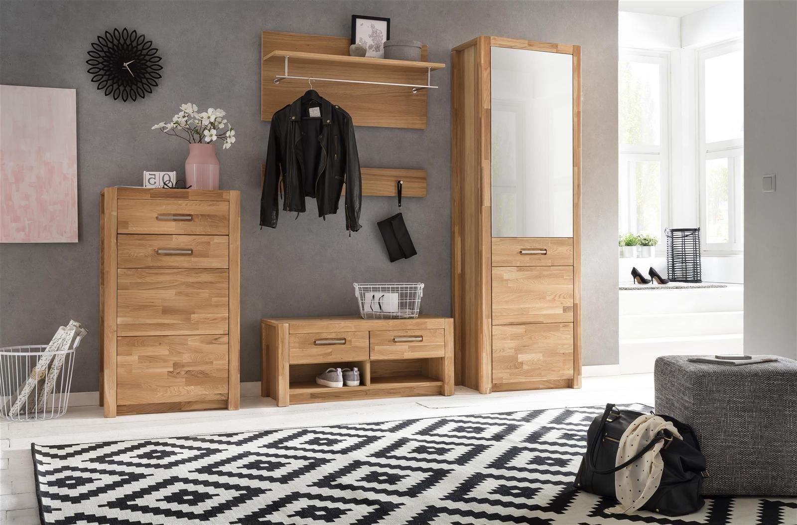 möbelando Garderobenschrank Leduc Zeitloser Garderobenschrank, Front Höhe 203 66 cm Spiegel-/Holztür, mit in geölt, und Tiefe Korpus 1 Spanplatte furniert, aus ausziehbaren Wildeiche: & außen 1 keilverzinkt 40 cm, Breite innen cm, Kleiderstange. Massivholz Ablageböden Wildeiche 2 aus in