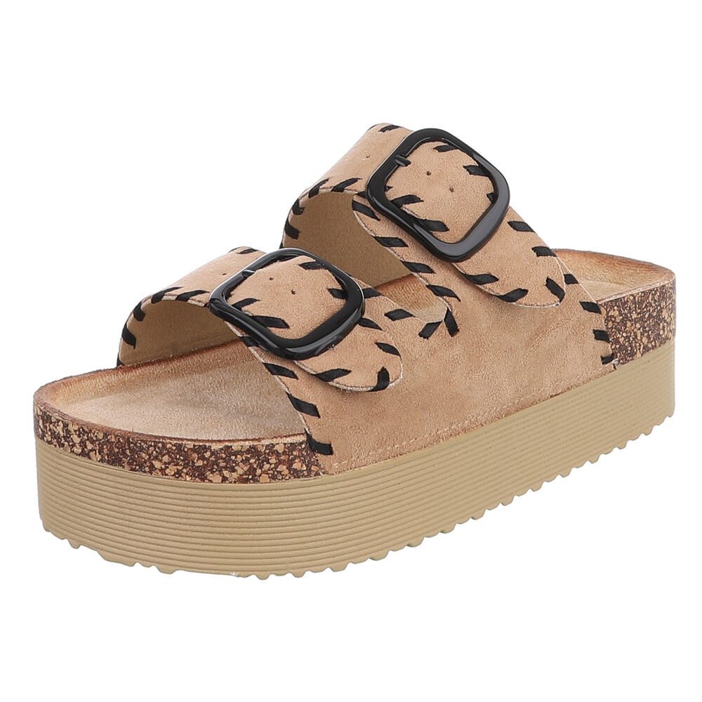 Ital-Design Damen Plateau-Pantolette mit Schnallen und Zierprägung Plateausandaletten (91895602) Flach Pantoletten in Hellbraun