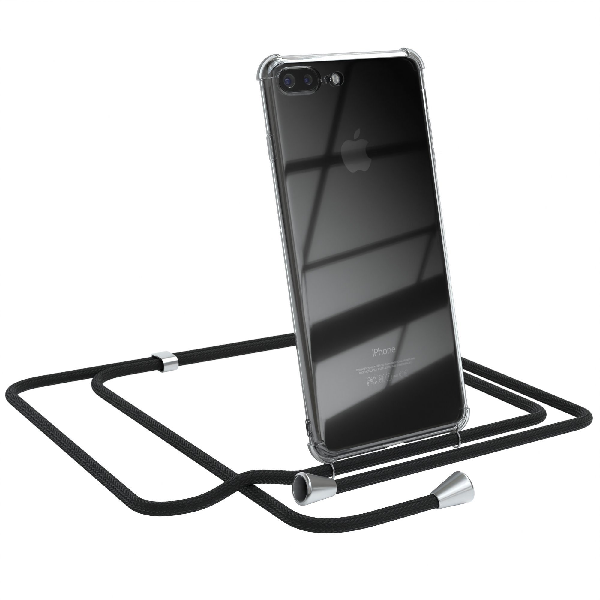 EAZY CASE Handykette Hülle mit Kette für Apple iPhone 8 Plus / 7 Plus 5,5 Zoll, Handykette Hülle mit Band Slimcover Schutzhülle Schwarz Clips Silber
