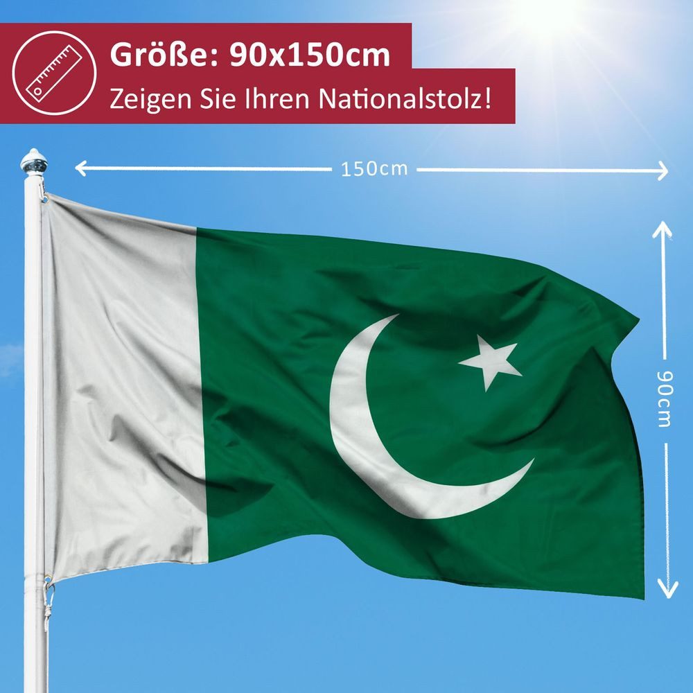 PHENO FLAGS Flagge Pakistan Flagge 90x150 cm – Wetterfeste Nationalflagge, Inkl. 2 Messing Ösen