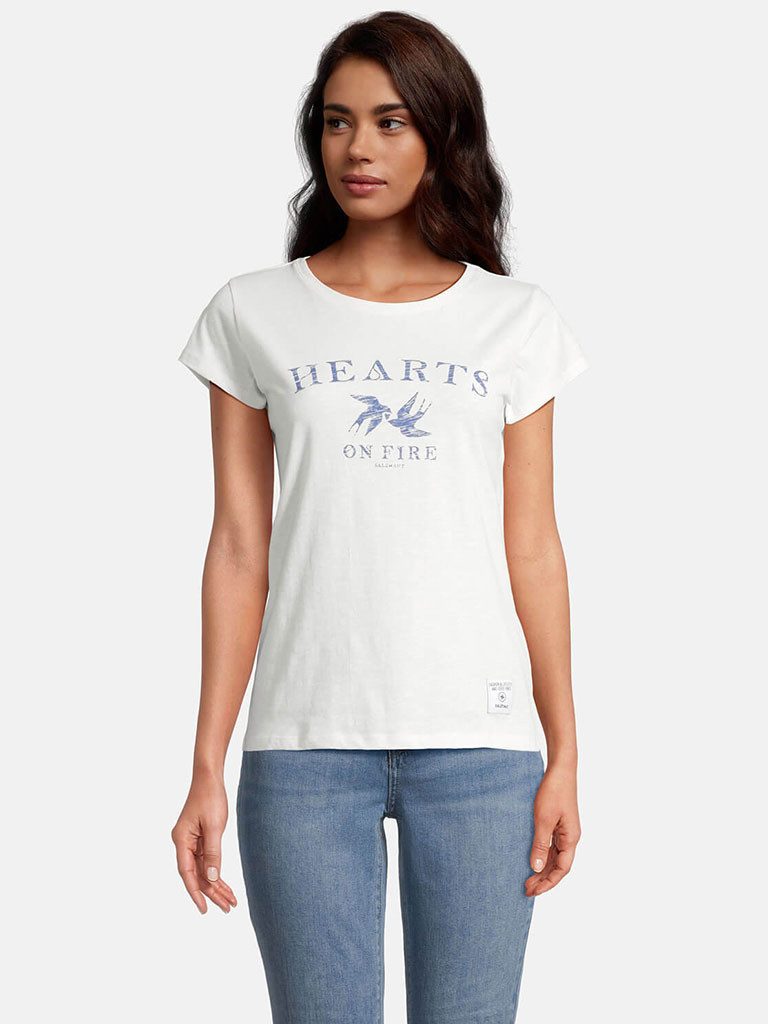 salzhaut T-Shirt Damen Kurzarm-Shirt Mülch Print mit Schwalben & Schriftzug Baumwolle