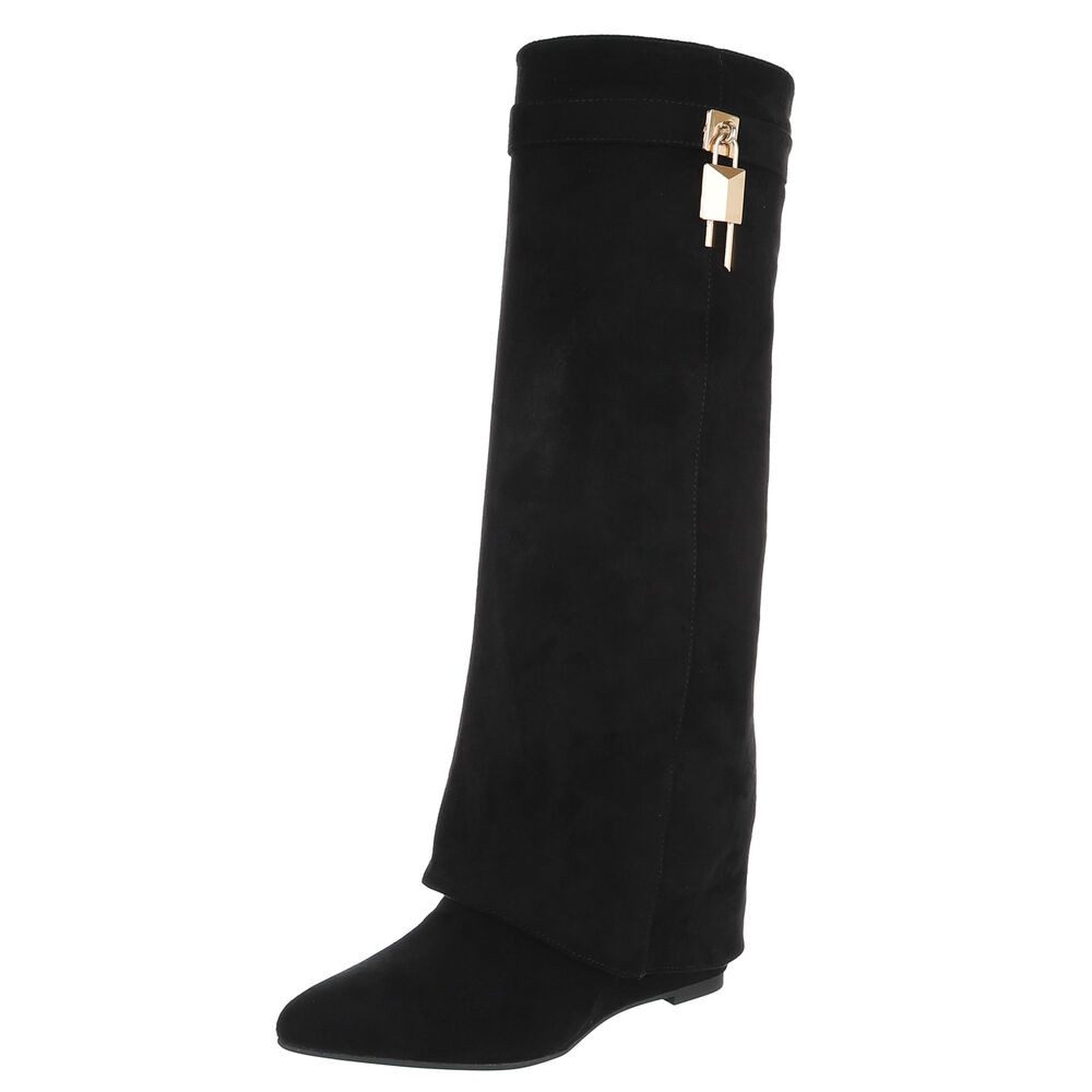 Ital-Design Damenstiefel mit hohem Schaft und Schmuckdetail Keilstiefel (92125471) Keilabsatz/Wedge Stiefel in Schwarz