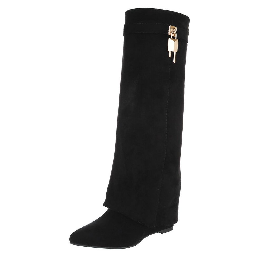 Ital-Design Damenstiefel mit hohem Schaft und Schmuckdetail Keilstiefel (92125469) Keilabsatz/Wedge Stiefel in Schwarz