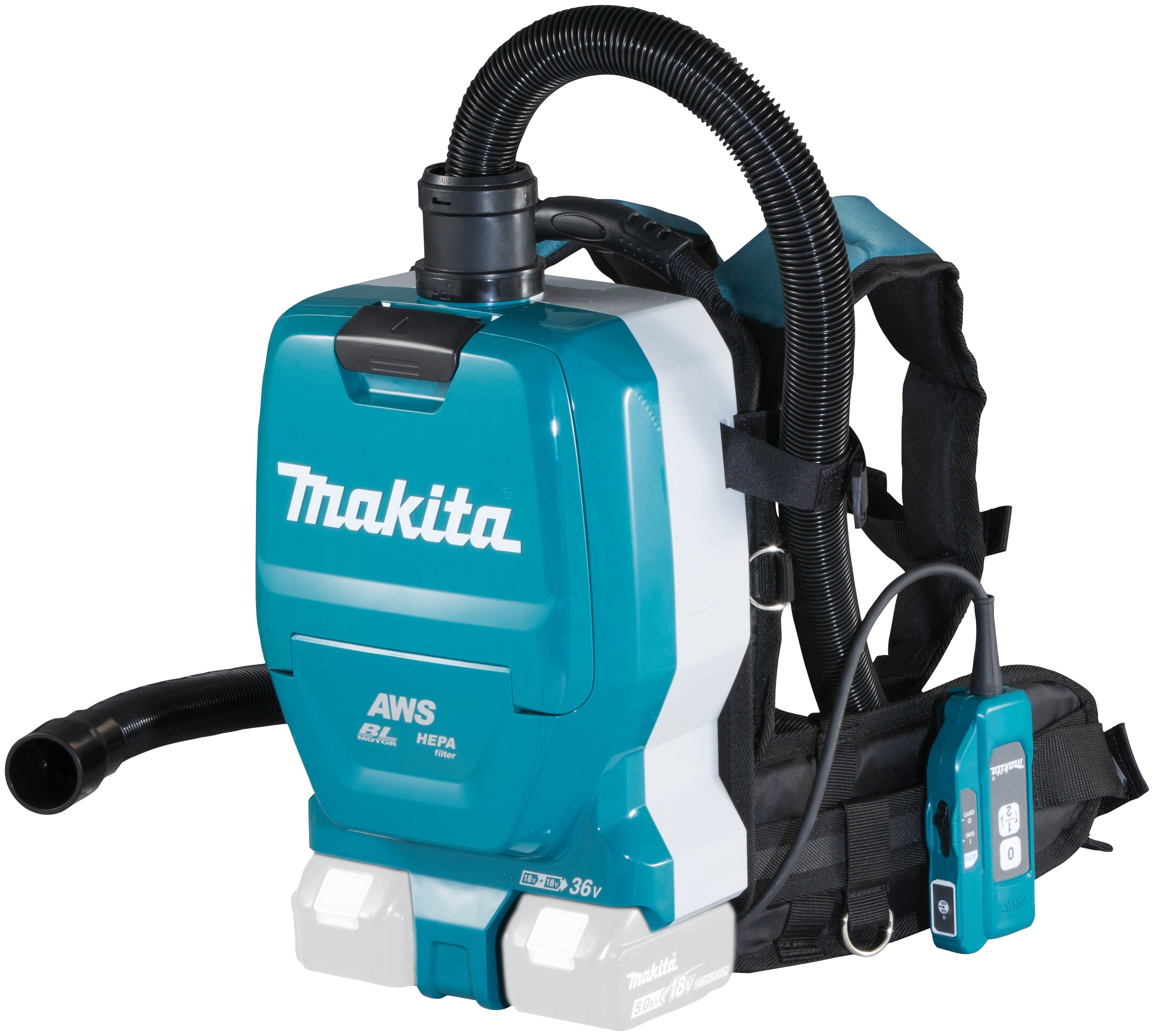 Makita Akku-Bodenstaubsauger DVC265ZXU, V, 18 Rucksack, mit Beutel, Akku Ladegerät und ohne