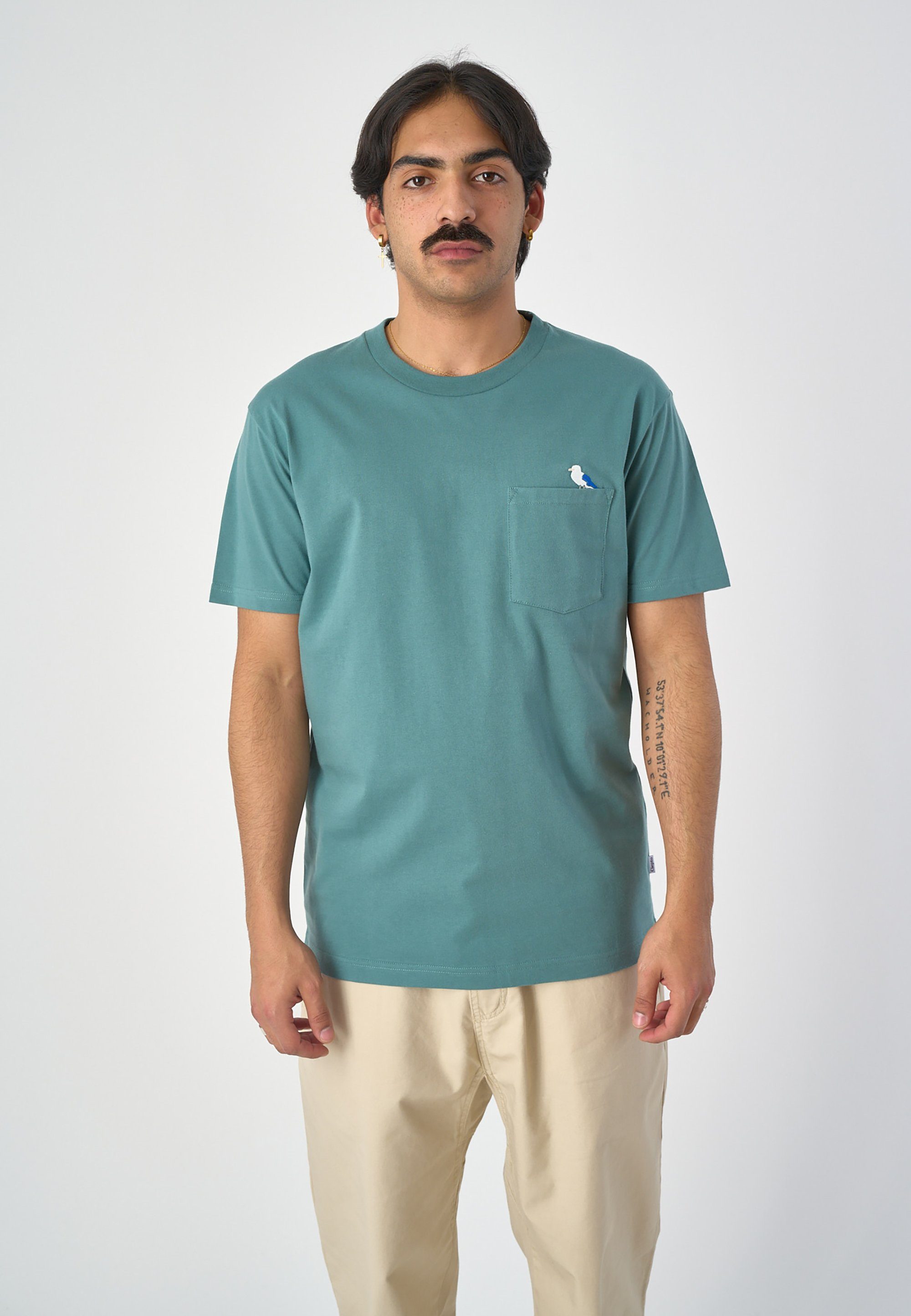 Cleptomanicx T-Shirt Embro Gull Pocket mit lockerem Schnitt grün