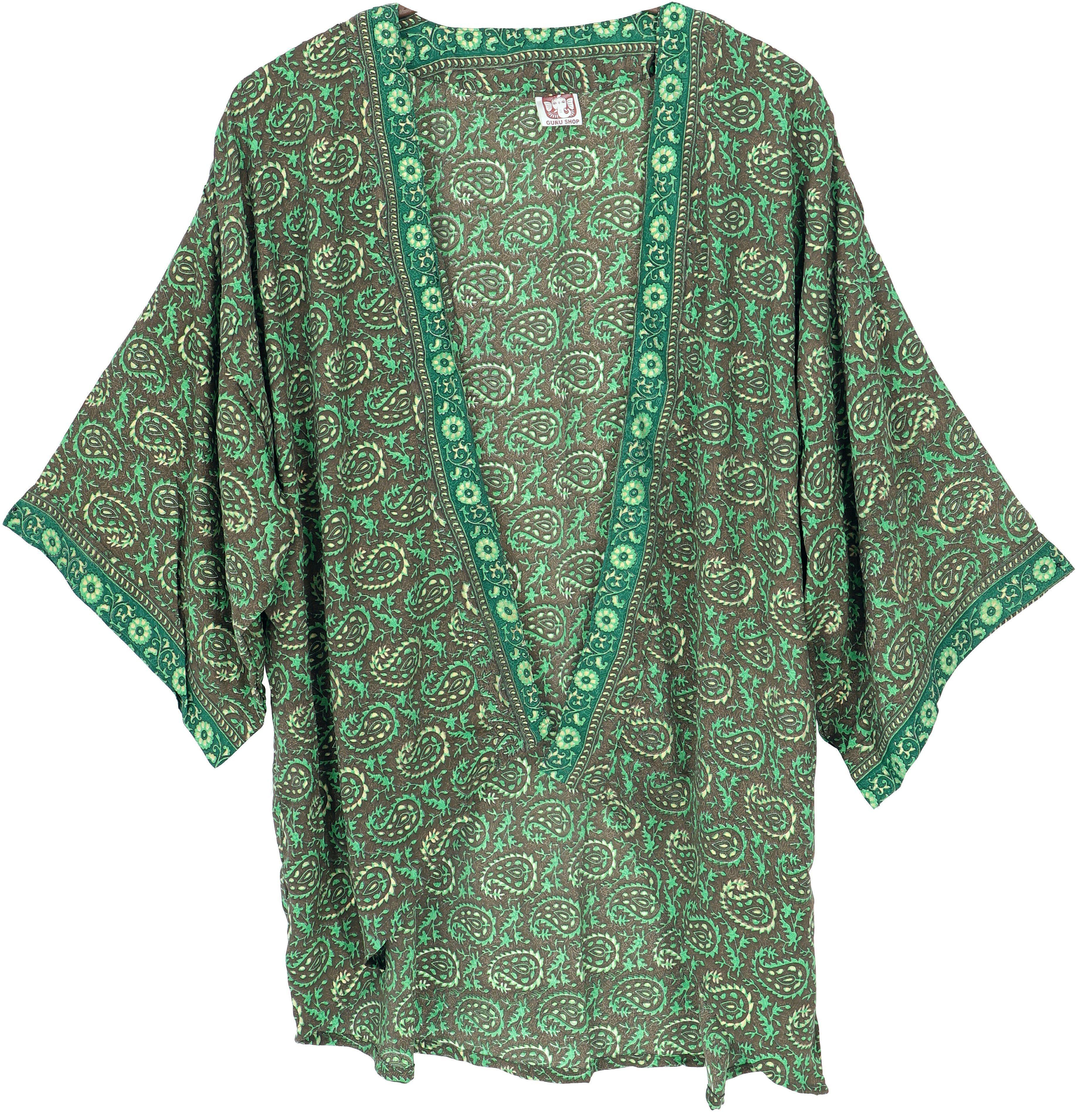 Guru-Shop Kimono Kurzer Kimono, Boho Kimono, offener Kimono - grün, alternative Bekleidung
