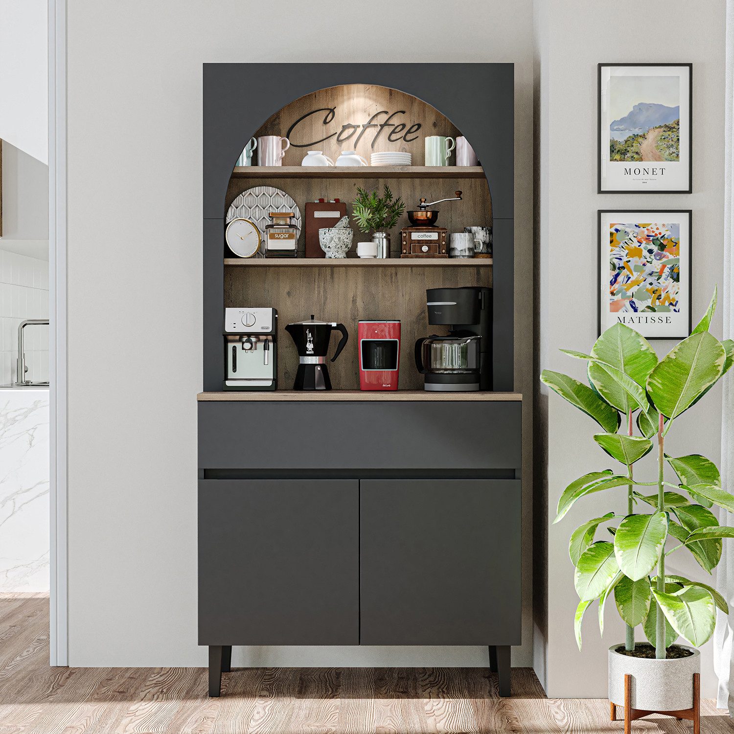 Roomart Küchenregal VENEDIK Küchenschrank 90 cm, Buffet, Schublade in 4 Farben, mit Beleuchtung, offene Nische, Schublade, Einlegeböden in 4 Farben