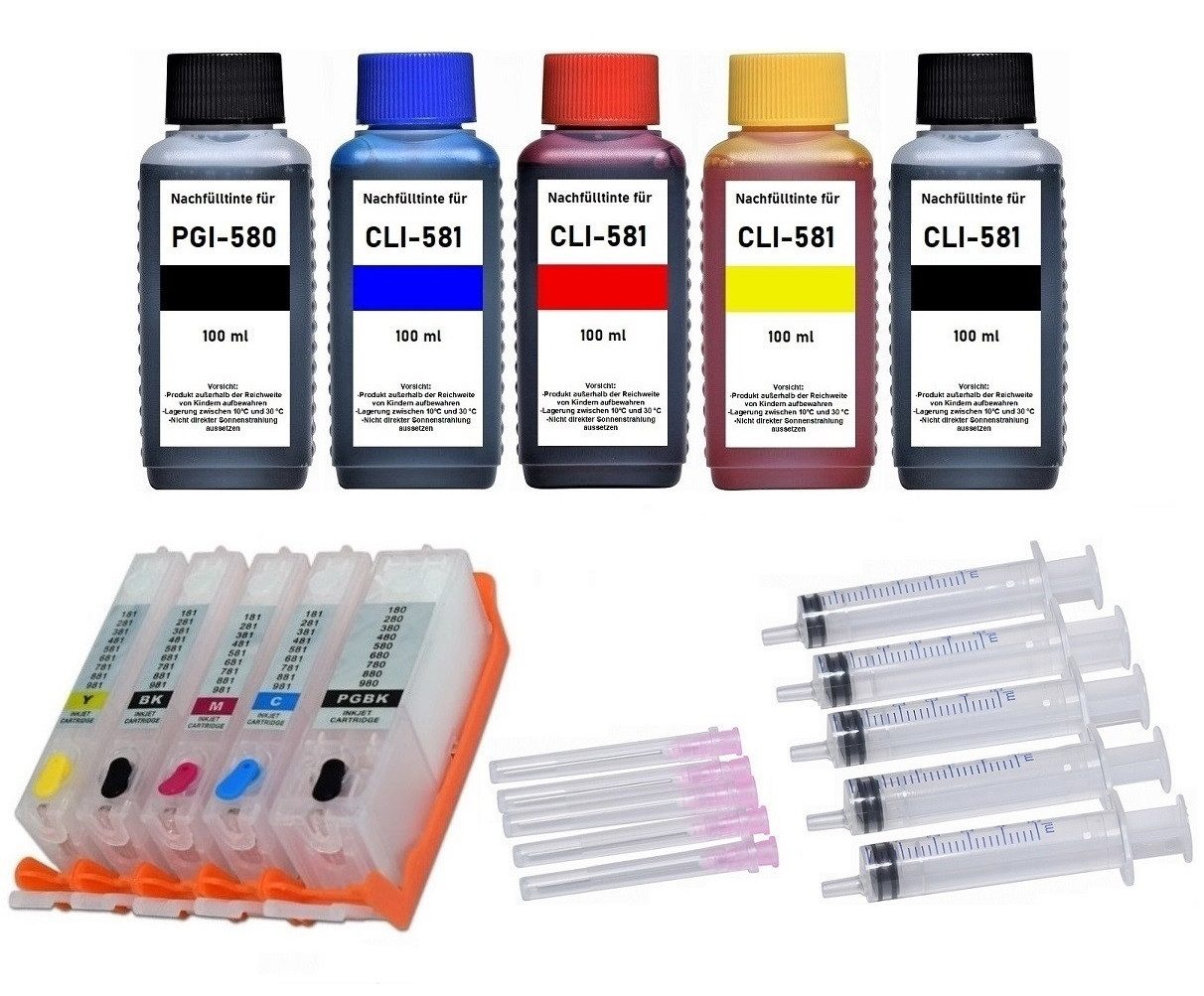 inkpro 5 nachfüllbare Druckerpatronen PGI-580 & CLI-581 + 500 ml Nachfülltinte (für Canon, Pixma TR7500, TR7520, TR7550, TR7650, TR8500, TR8520, TR8550, TR8551, TR8600, TR8620, TR8650, TS6100, TS6150, TS6151, TS6200, TS6220, TS6240, TS6241, TS6250, TS6251, TS6300, TS6350, TS6351, TS705, TS9500, TS9520, TS9521, TS9540, TS9541 C, TS9550, TS9551, x, incl. allem notwendigen Zubehör und Befüllanleitung)