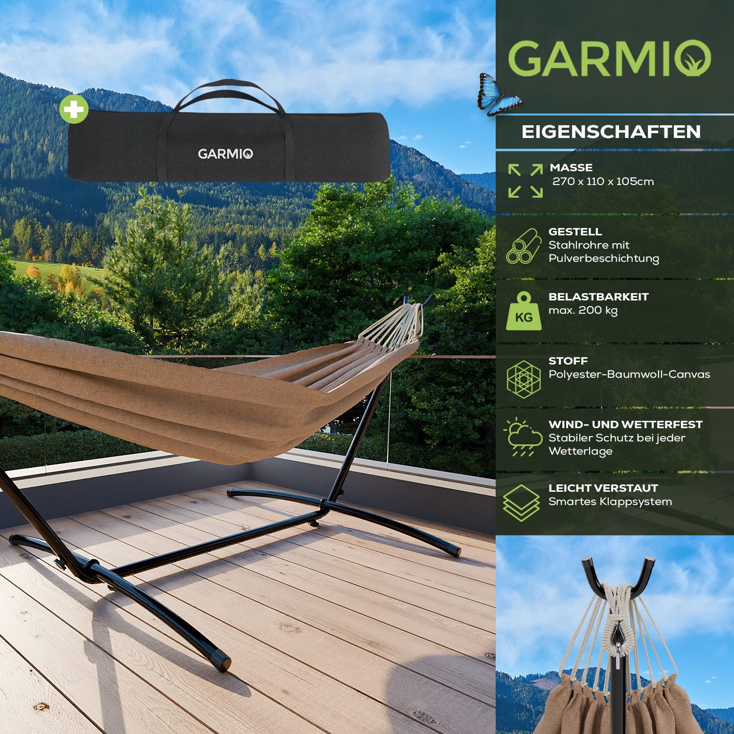 GARMIO Hängematte mit Gestell, 200kg Belastbarkeit, günstig online kaufen