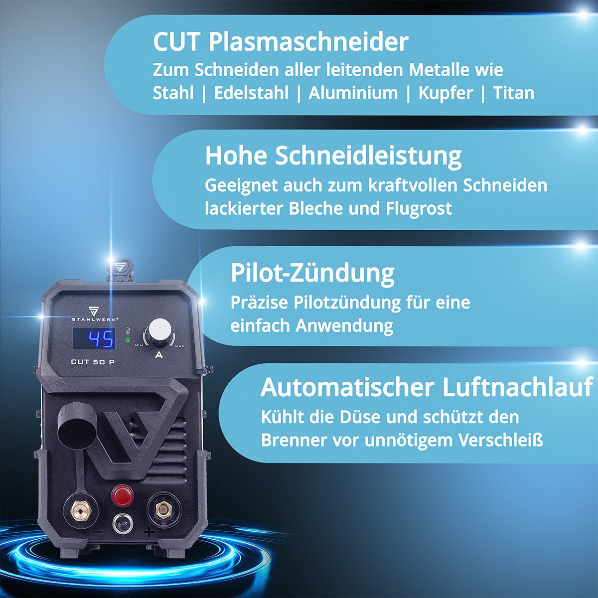 STAHLWERK Plasmaschneidegerät Plasmaschneider CUT 50 P mit 15 - 45 A und Schneidleistung bis 15 mm, Packung, 1-tlg., Vollausstattung, bis 14 mm Schneidleistung