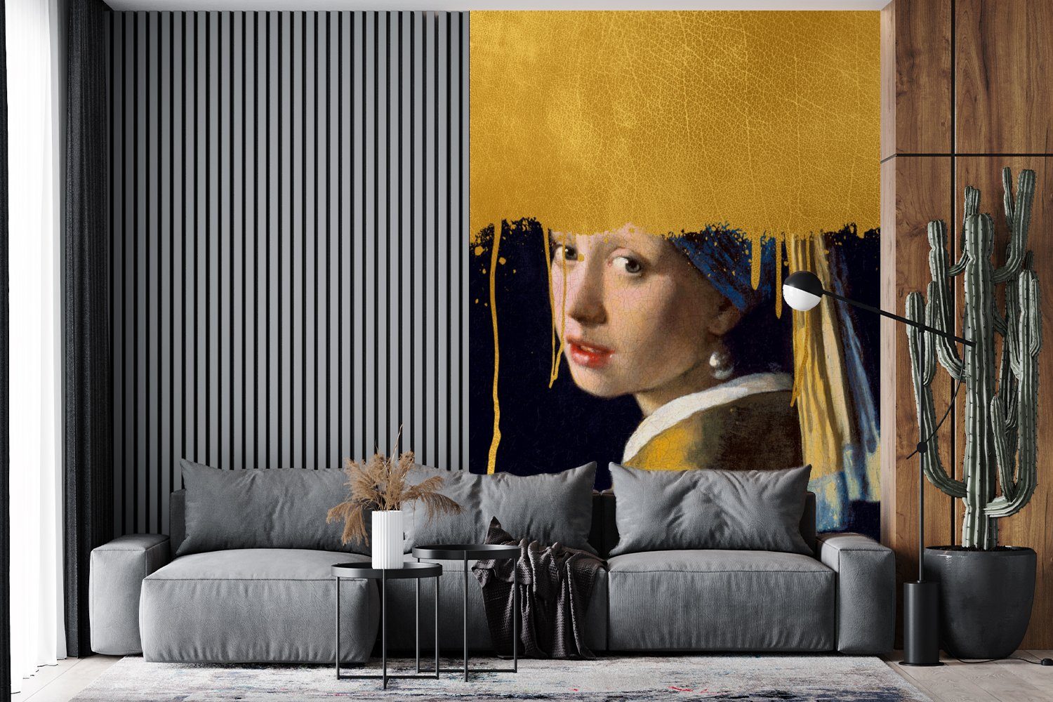 Gold Wohnzimmer, mit Montagefertig Perlenohrring MuchoWow Johannes (3 - St), bedruckt, Vinyl Mädchen Matt, Vermeer, einem für Fototapete Tapete - Wandtapete