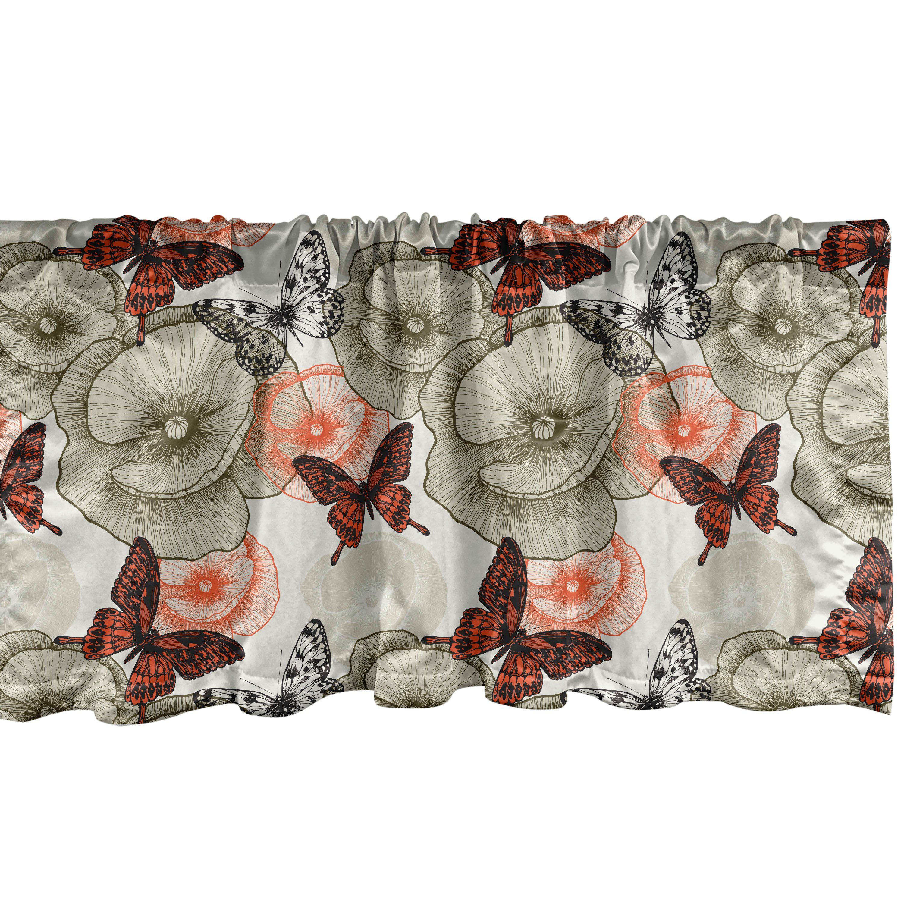 Scheibengardine Vorhang Volant für Küche Schlafzimmer Dekor mit Stangentasche, Abakuhaus, Microfaser, Garten Mohnblumen und Schmetterlinge