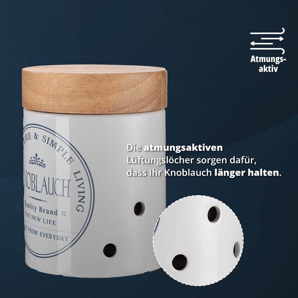 KHG Vorratsdose für Knoblauch aus Steinzeug mit Akazienholzdeckel und Belüftung, Steingut, Belüftete Aufbewahrungsdose für Knoblauch – stilvoll & langlebig – Bild 4 von 4