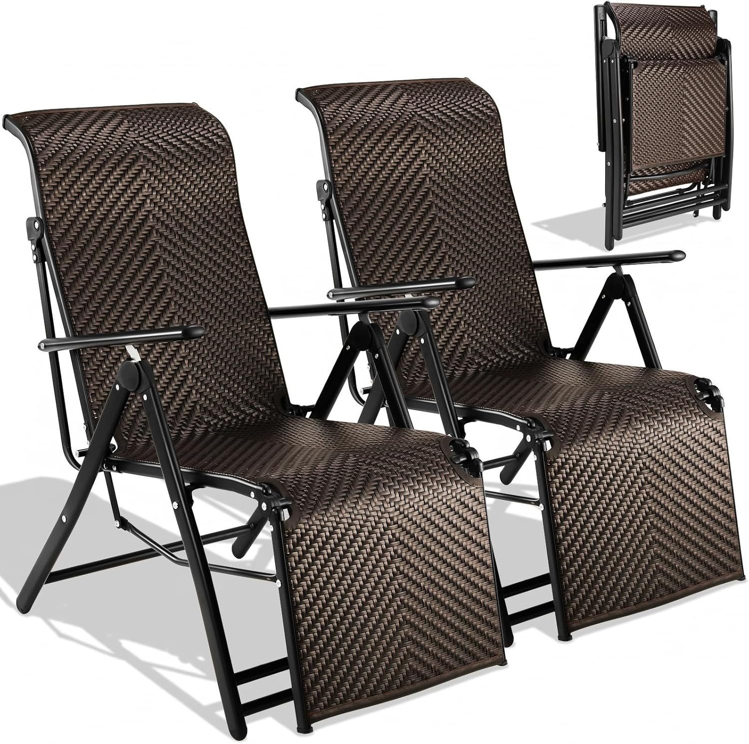 TLGREEN Rattanstuhl Rattan Klappliegestuhl 3-fach faltbar mit Fußstütze (7-fach verstellbare Rückenlehne Wetterfester), Gartenliege aus PE-Rattan&Aluminiumrahmen, Sonnenliege für Balkon