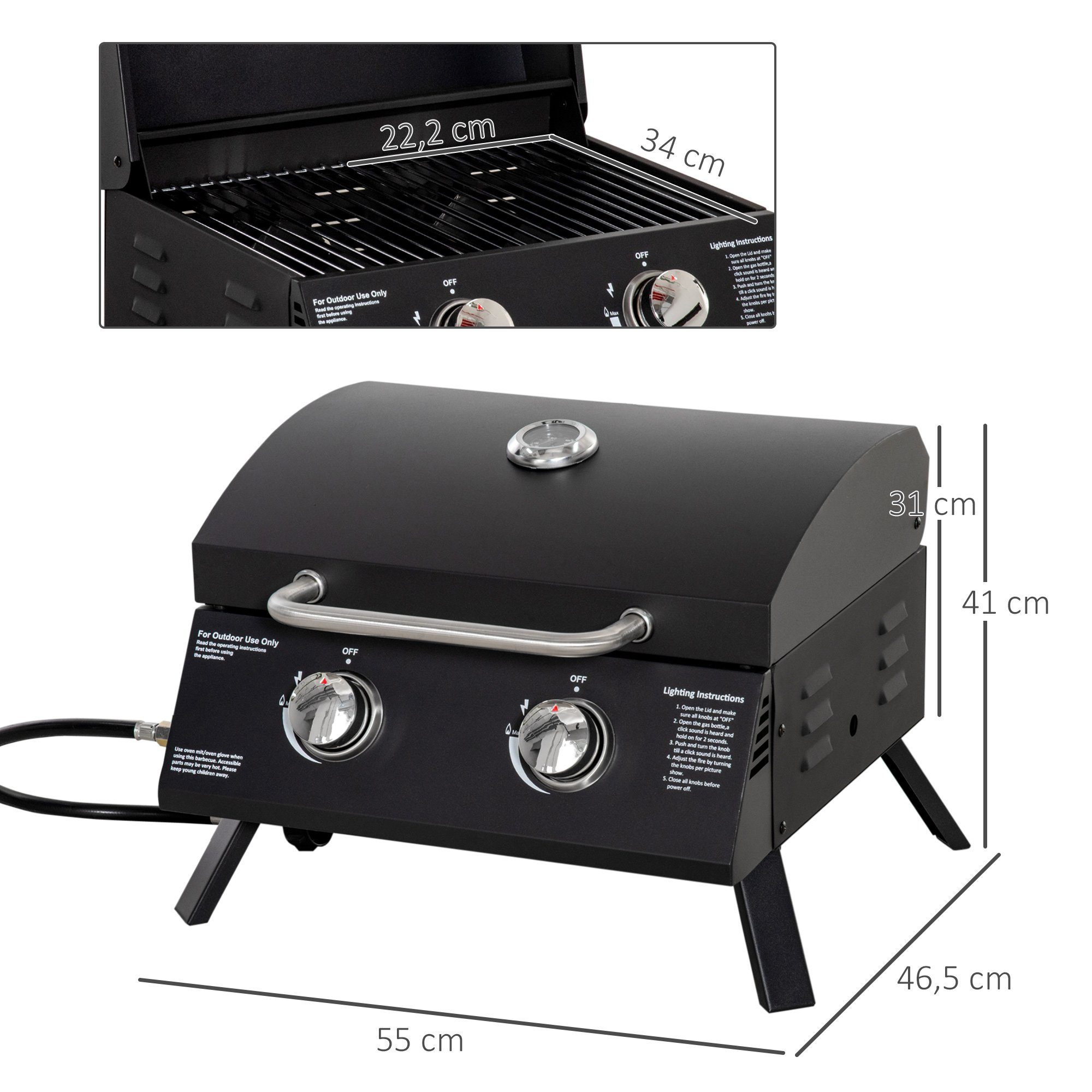 Outsunny Gasgrill Campinggasgrills mit 2 Brennern, Gasgrill, Tischgrill, Edelstahl Schwarz 55 x 46,5 x 41 cm