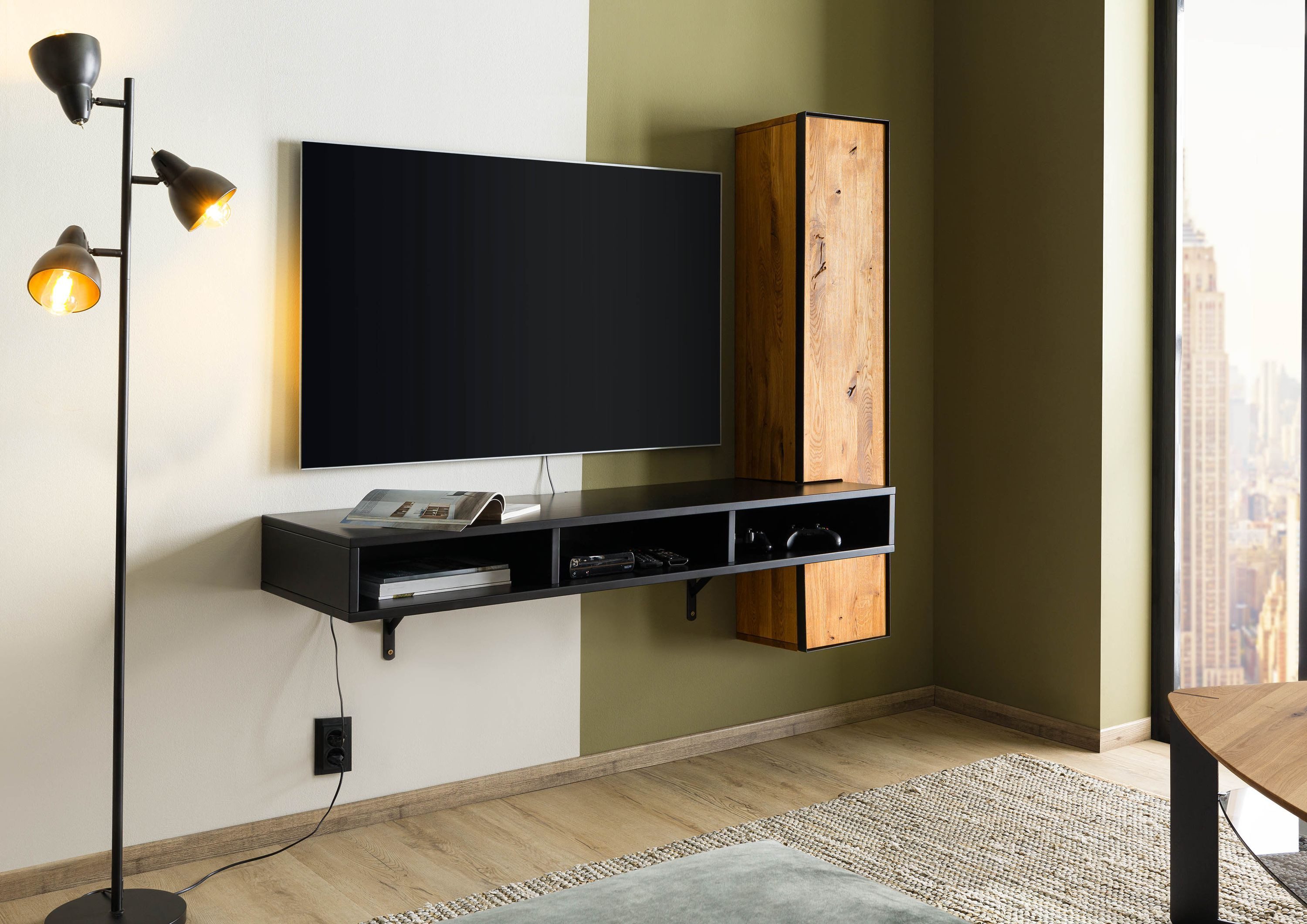 Massivmoebel24 Wohnwand STARNBERG, (Eiche 161x49x140 natur geölt / schwarz lackiert STARNBERG #08), Eiche 161x49x140 natur geölt / schwarz lackiert STARNBERG #08