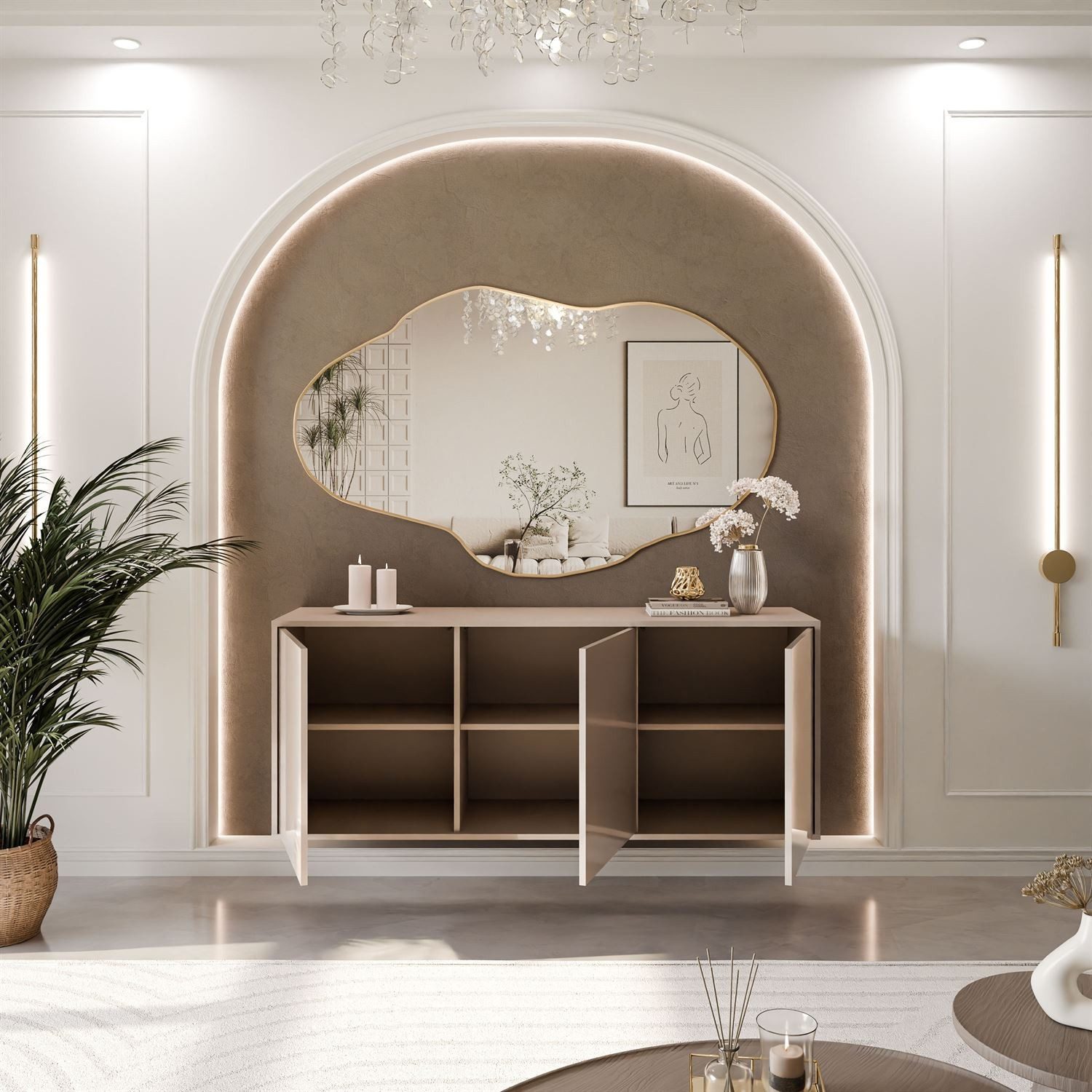 ALLHOUSE24 Kommode MANDY Dreitürige Kommode in Hochglanz Sideboard Kaschmir Weiß, Breite: 154 cm