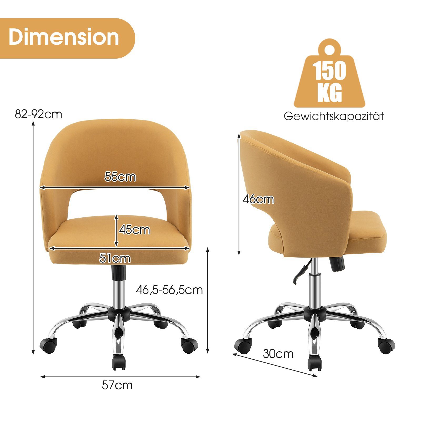 Schreibtischstuhl, Gelb höhenverstellbarer COSTWAY bis belastbar, 150 Drehstuhl, Bürostuhl kg
