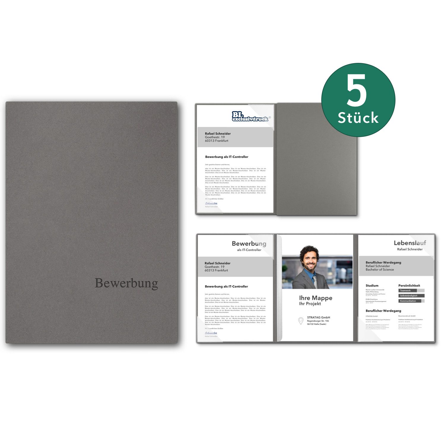STRATAG Bewerbungsmappe SELECT EASY - 5 Stück 3-teilig mit 1 Klemmschiene (Set, 5-St., Naturkarton - Premium-Qualität mit hochwertiger Prägung Bewerbung), direkt vom Hersteller STRATAG - handgefertigt in Deutschland