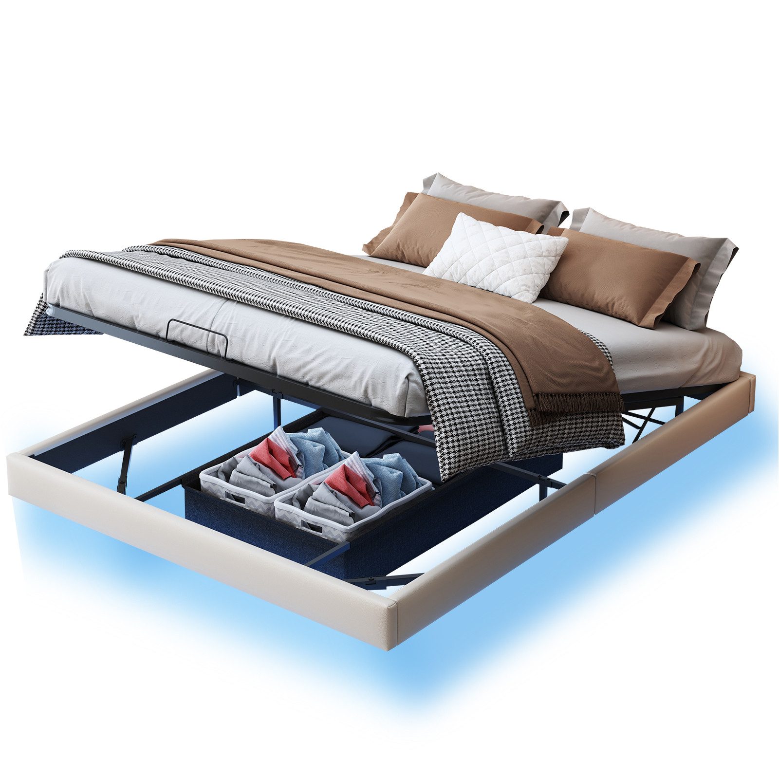 FUROKOY Polsterbett 160x200 cm LED Hydraulisches Doppelbett Stauraumbett Schwebendes Bett (mit Lattenrost Metall Bettrahmen Erwachsene Floating Bed Frame), Beige(ohne matratze)